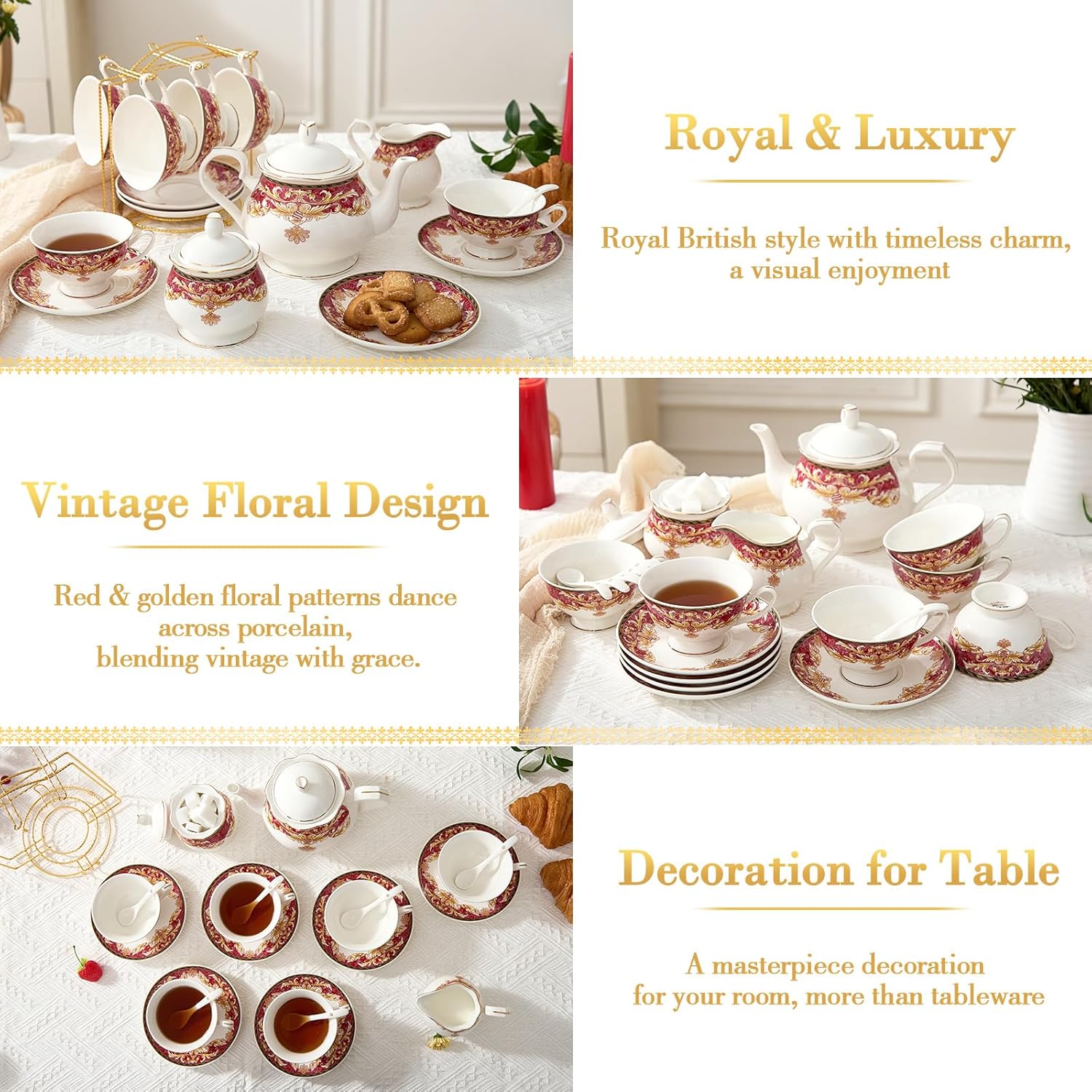DUJUST 22 pcs Royal Vintage Porcelain Tea Set for 6, Luxury British Tea Sets for Adults with Red Patterns & Golden Trim, Beautiful Floral Tea/Coffee Cup Set, Gift Package - Royal Treat for You - Image 4