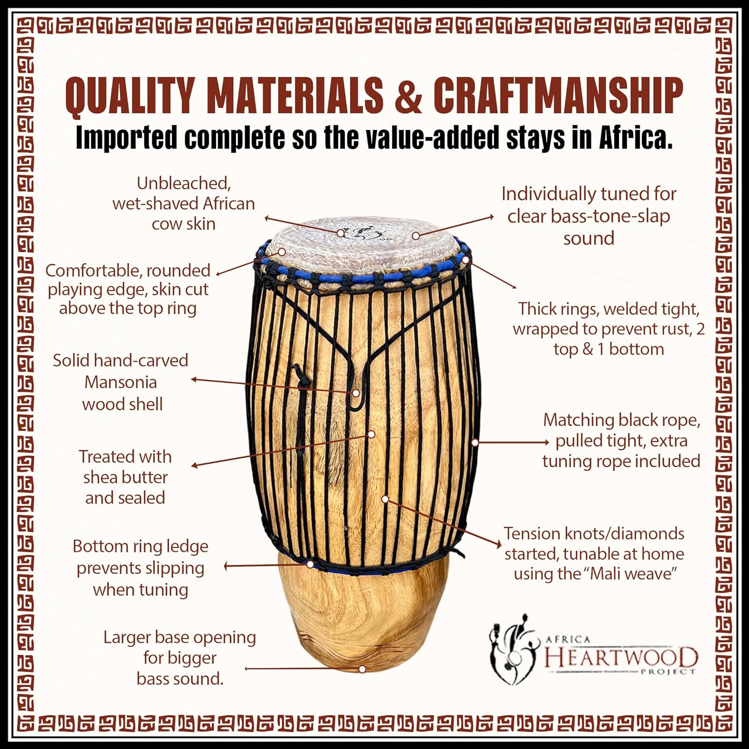 Africa Heartwood Project Classic 10" Hand-carved Conga Drum - Solid Mansonia Wood Construction, Fully Tunable with Ring & Rope Tuning System - Quinto - 10x28 Size