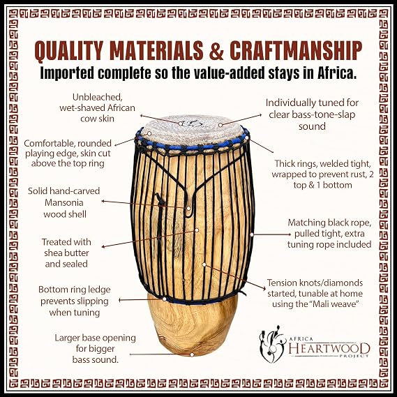 Africa Heartwood Project Classic 10 Hand-carved Conga Drum - Solid Mansonia Wood Construction, Fully Tunable with Ring & Rope Tuning System - Quinto - 10x28 Size