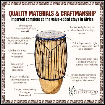 Africa Heartwood Project Classic 10 Hand-carved Conga Drum - Solid Mansonia Wood Construction, Fully Tunable with Ring & Rope Tuning System - Quinto - 10x28 Size
