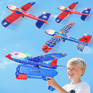 Paquete de 3 lanzadores de aviones para niños, planeadores de espuma de araña, aviones de catapulta con LED, 2 modos de vuelo para niños y niñas, juguete volador al aire libre, regalos de cumpleaños