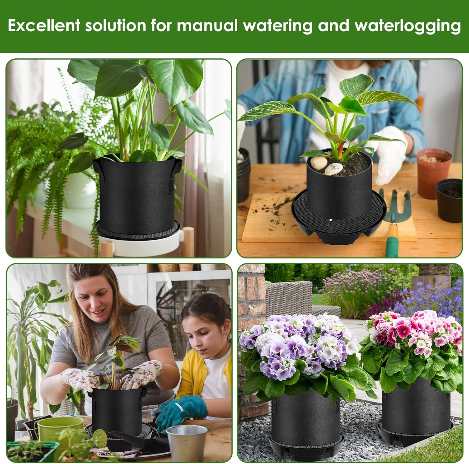 4-Pack Self Watering Plant Saucers for Indoors, Plant Saucer Stand, Plastic Plant Saucer Stand Auto Watering System Fabric Pot Base, Prevent Overwatering Indoor/Outdoor Use for 5 Gallon Fabric Pots