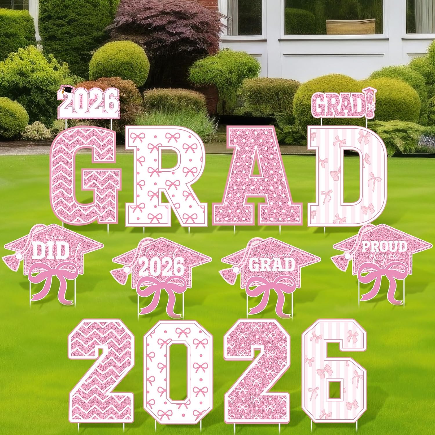 Bucherry 14 Pcs 2026 Graduation Decorations Yard Signs Large Pink Bow Congrats Grad Outdoor Lawn Signs with Stakes Class of 2026 Graduation Party Supplies Photo Backdrop Prop Decor