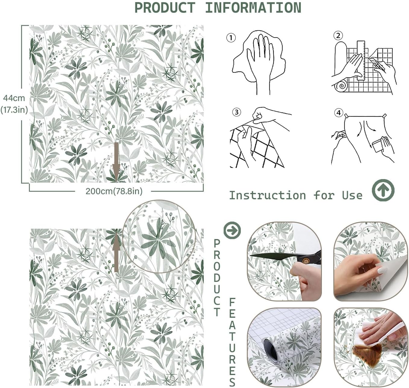 Green Leaf Wallpaper Peel and Stick Wallpapers Modern 17.3"x78.8" Olive Leaf Wallpaper Bedroom Self Adhesive Removable Wall paper Farmhouse Botanical Contact Paper for Cabinets Waterproof Decor Vinyl