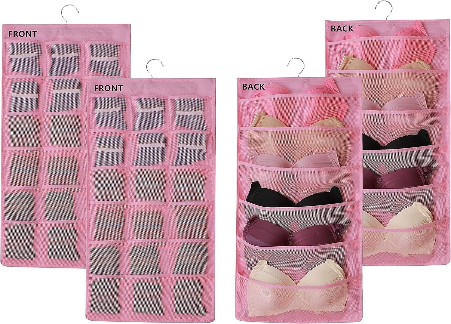 2Pcs Hanging Mesh Pockets Dual-Sided Closet Organizer for Underwear,Bra,Socks,Accessories with Hanger,Total 48 Pockets Grey