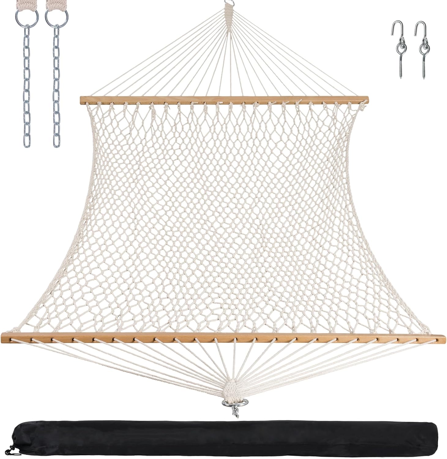 ANOW Rope Hammock Double Hammock with Hardwood Spreader Bar and Carrying Bag, 450 LBS Weight Capacity for Two Person, Natural