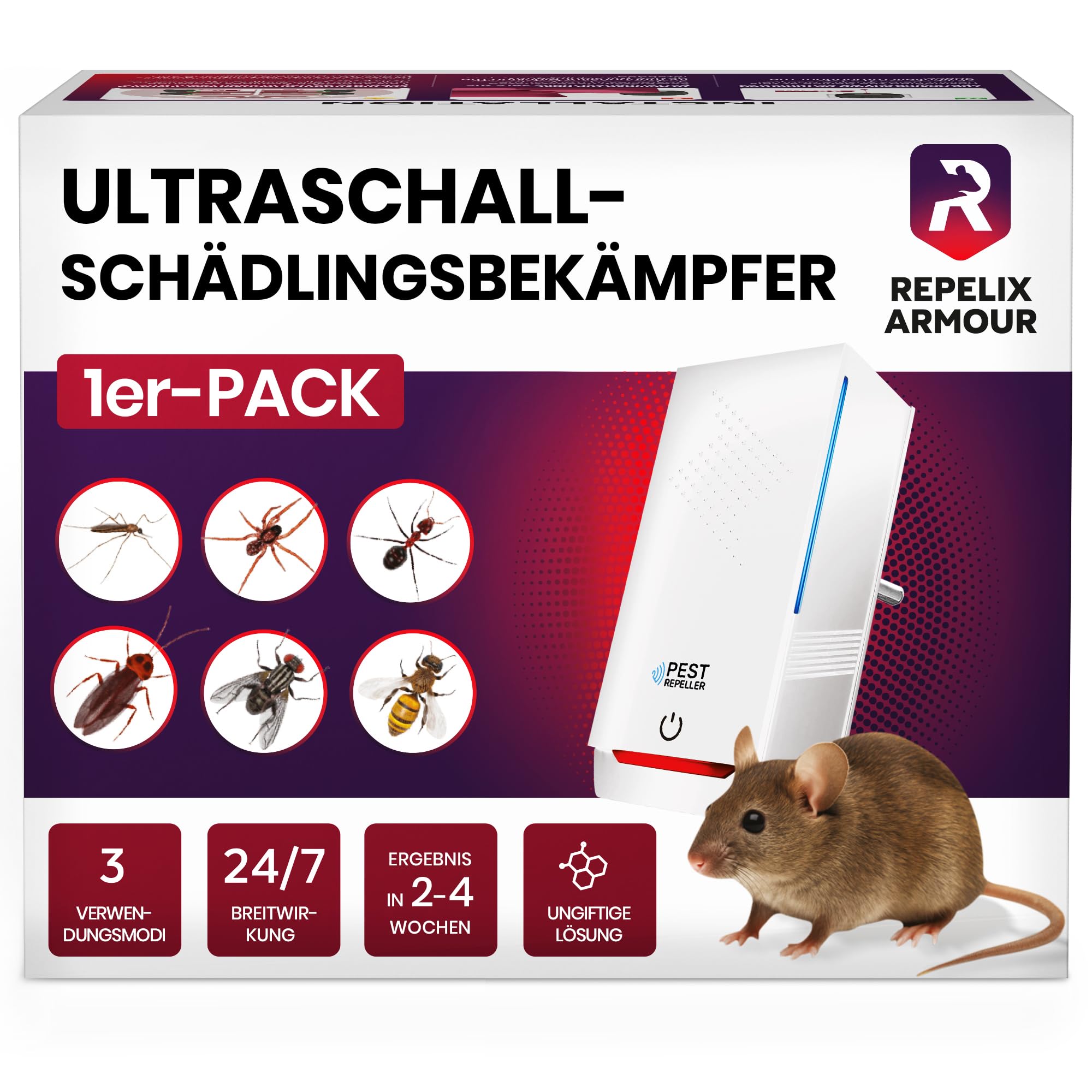 Ultraschall-Schädlingsbekämpfer für Innenräume – 1 Pack – Deckt 140m² pro Gerät ab – 3 Modi – Vertreibt Mäuse, Ratten, Spinnen, Mücken, Ameisen, Insekten & Fliegen, HX-168 (Weiß)