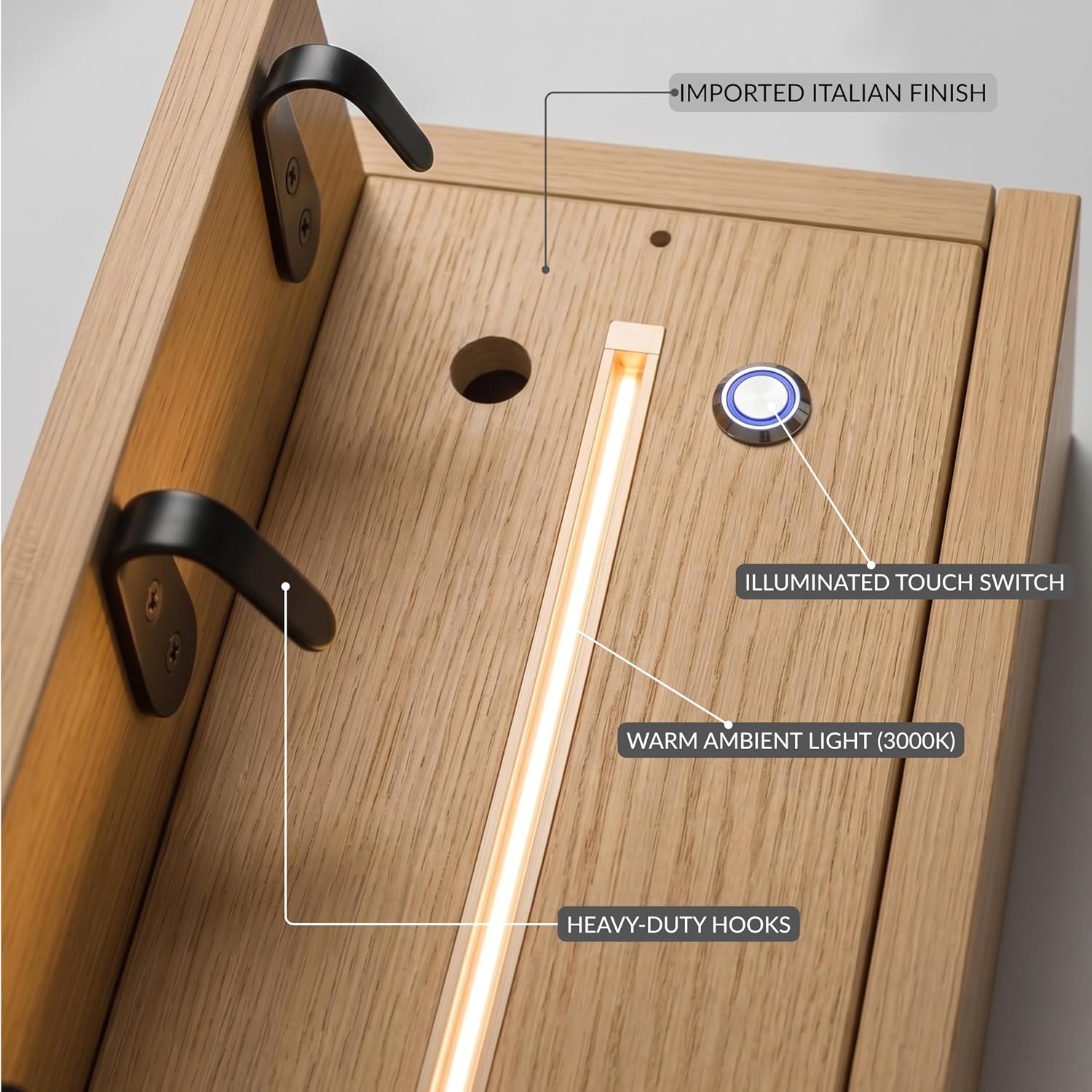 24" Wall Mounted Coat Rack with LED Light, Hidden Storage & 5 Hooks image 4
