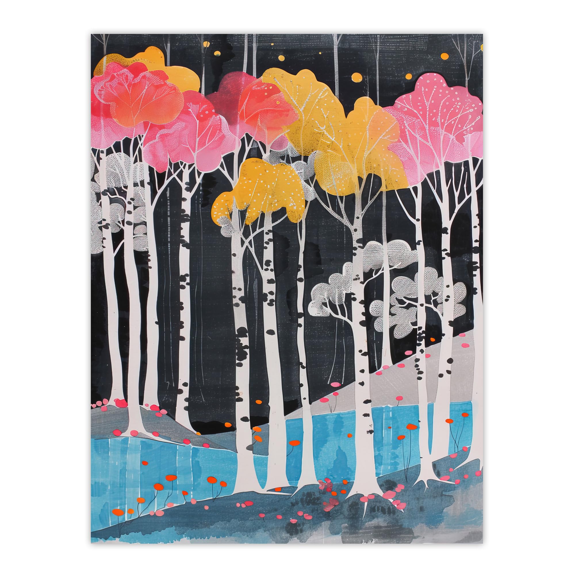 Artery8 - Poster - Colourful Birch Tree Forest River Bank Landscape - W24 inch x H32 inch