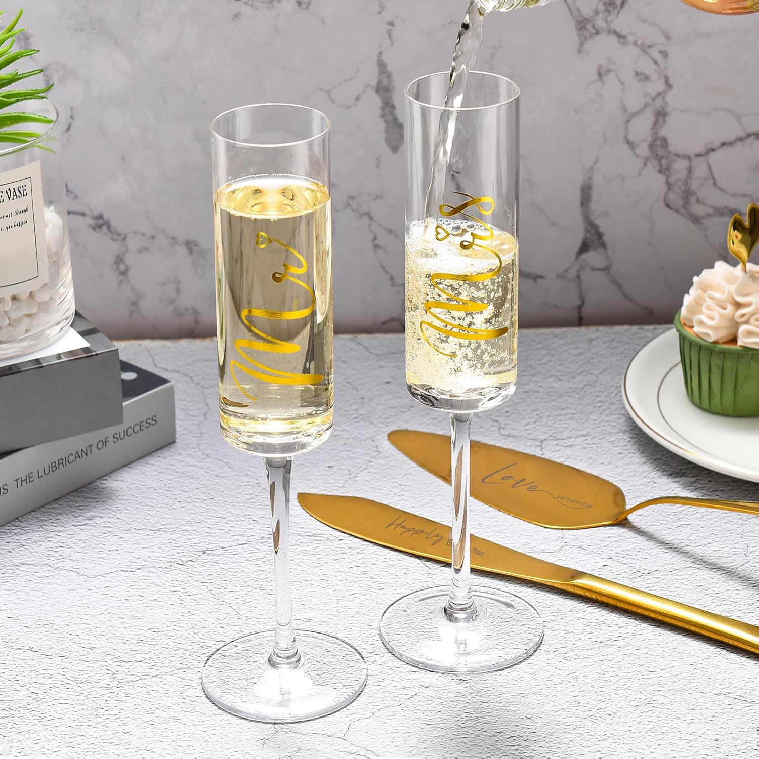 ROXBURGH Wedding Cake Knife and Server Set, Bride and Groom Mr and Mrs Champagne Flutes & Forks with Giftable Box, Cake Cutting Set for Wedding Engagement Bridal Shower Gifts - Image 5