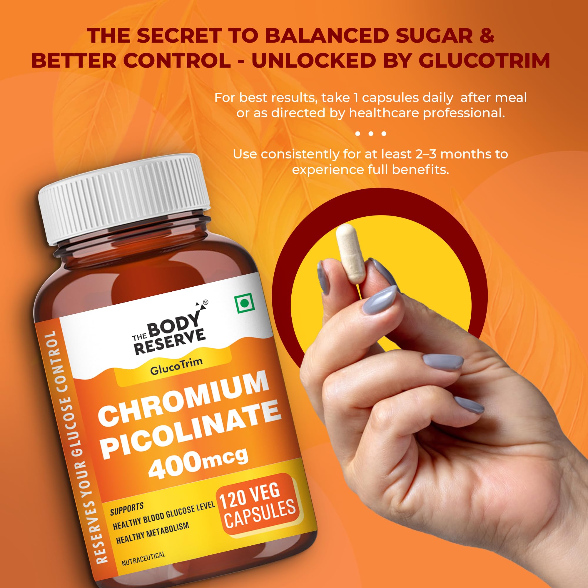 The Body Reserve Chromium Picolinate 400mcg with Biotin 40mcg – Supports glucose metabolism Chromium Supplement for Healthy Blood Sugar Levels, High Absorption 120 Veg Capsules 4