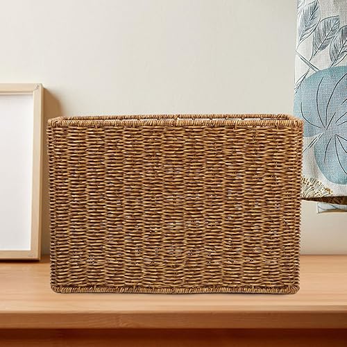 Miniatura 8 de Revistero tejido con asas, cesta de almacenamiento tejida natural para baño, sala de estar, oficina en casa