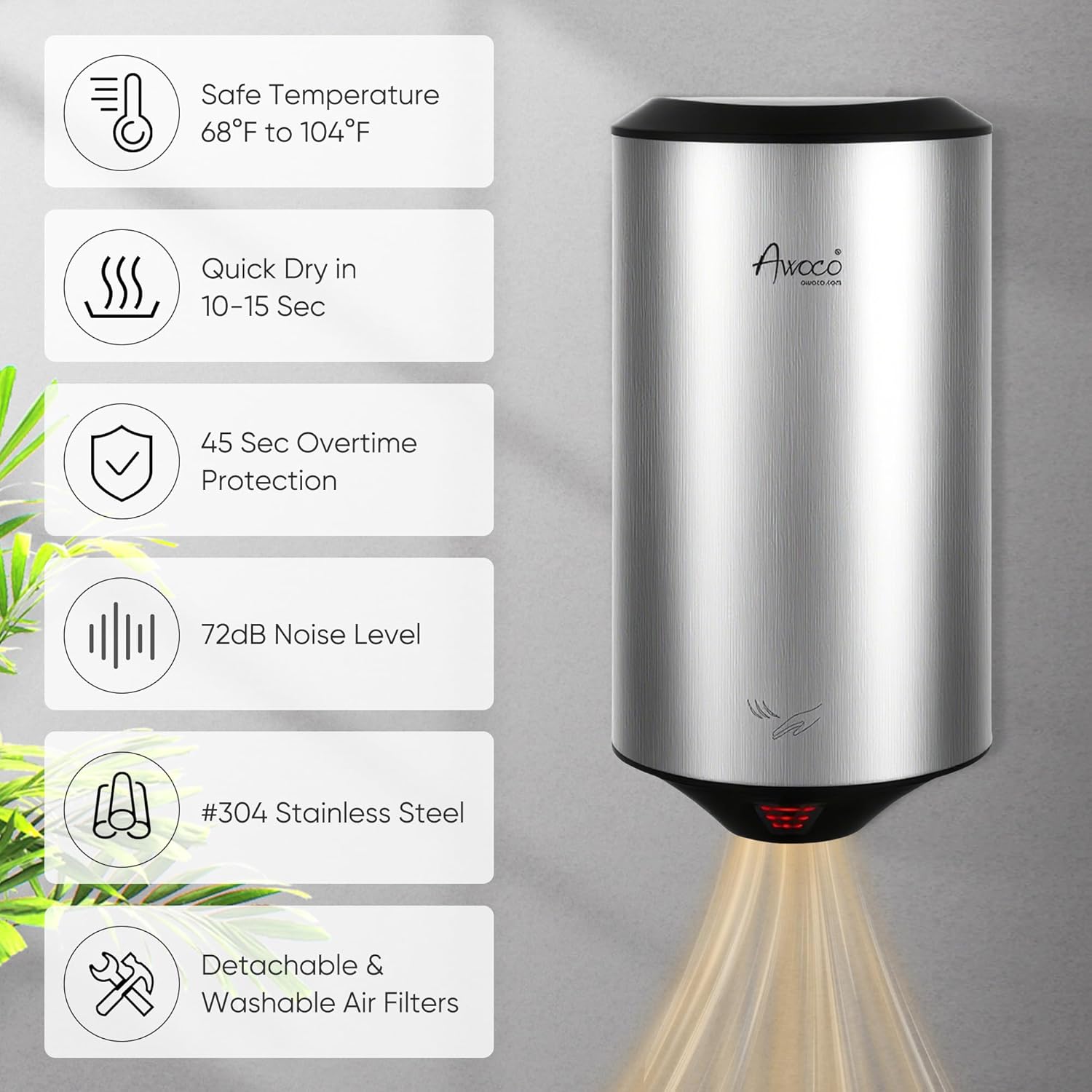 Awoco Round Compact Stainless Steel 1350W 120V Automatic High Speed Commercial Hand Dryer, UL Listed