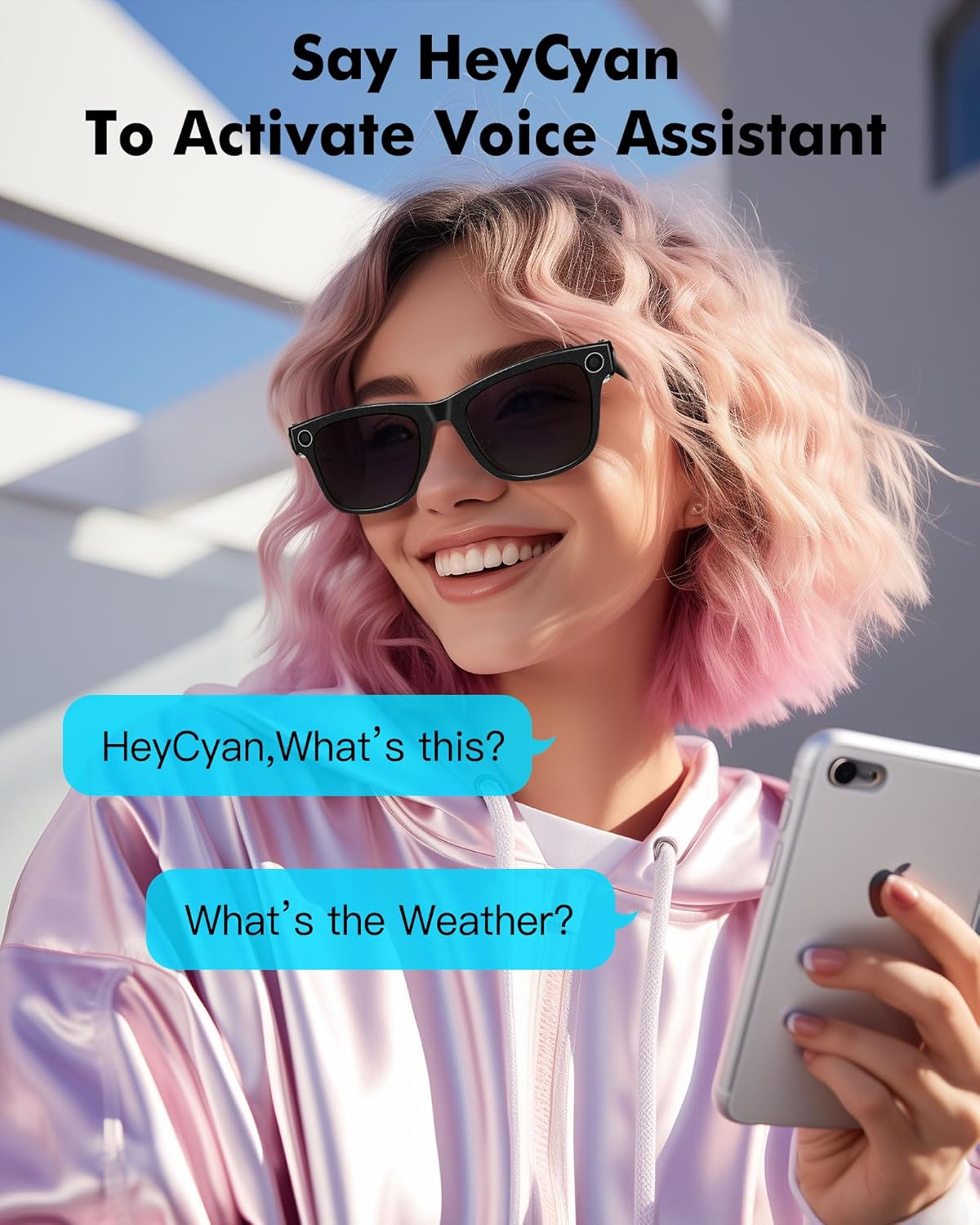 Image showing a woman wearing the DUCO AG01 Smart Sunglasses, with speech bubbles indicating voice commands like 'HeyCyan, What's this?' and 'What's the Weather?'.