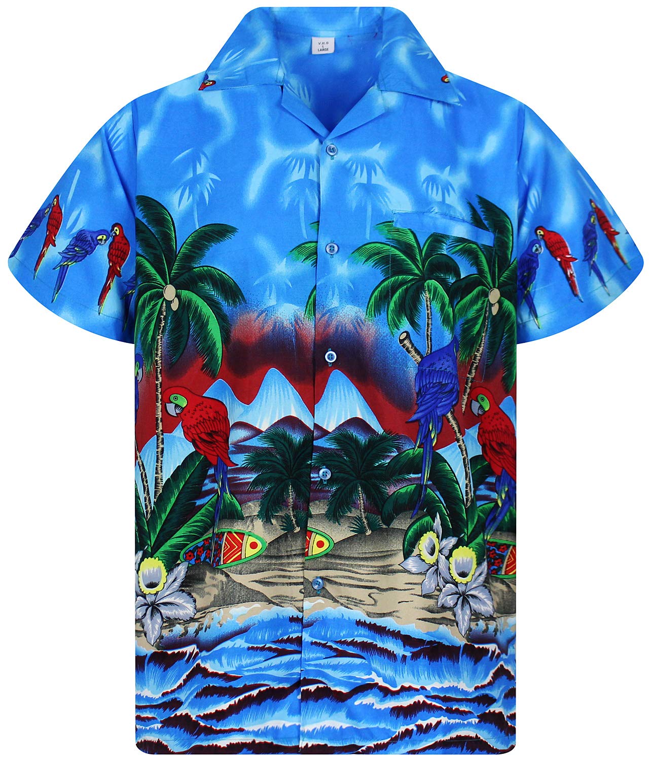 V.h.o. Men's Vho-Parrot-Design-Blue Funky Hawaiian Shirt, Shortsleeve, Parrot, Blue, 5XL