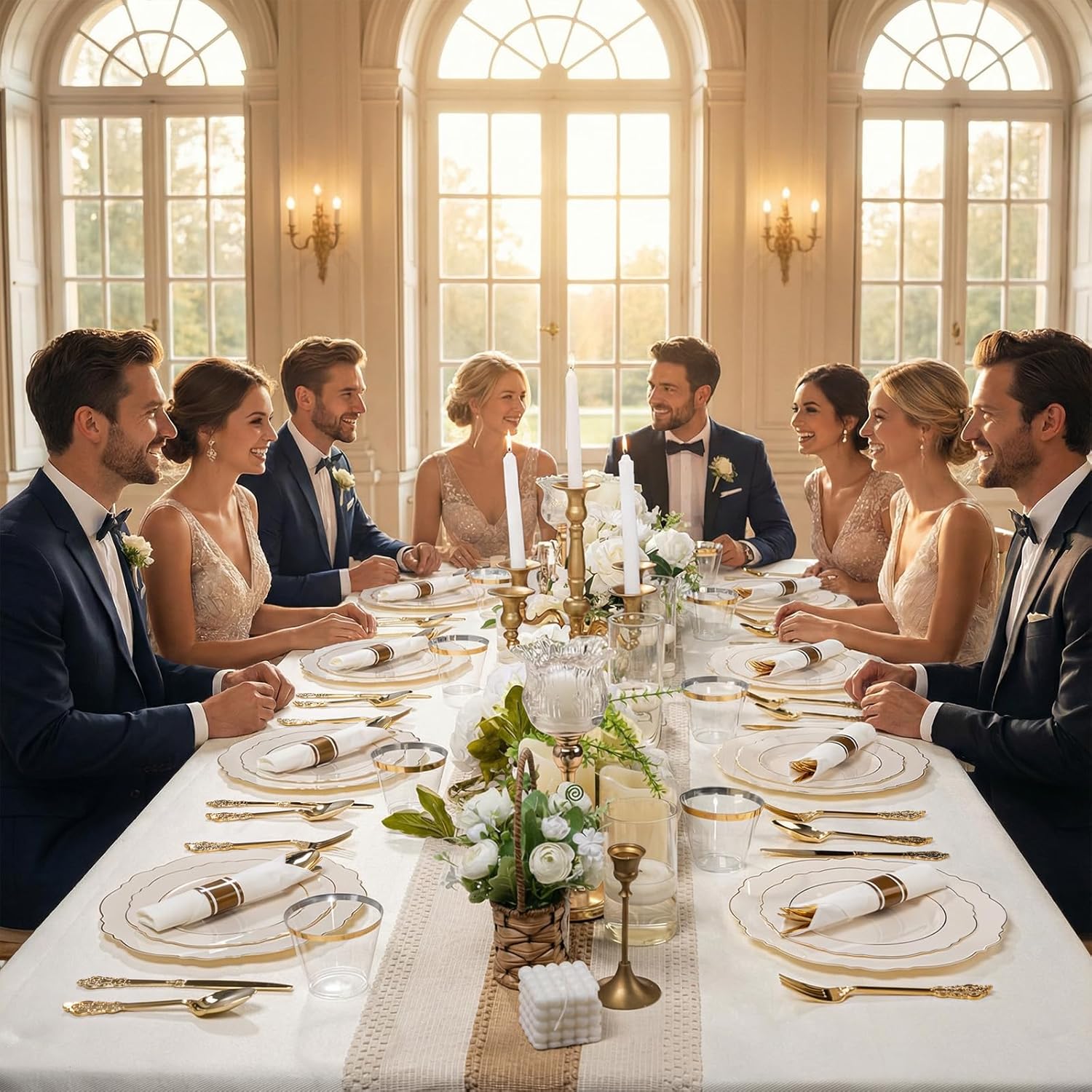 Liacere 350PCS Ivory Plastic Plates - Cream Disposable Plates With Gold Rim - 50Guest Baroque Plastic Dinnerware include 100 Plates - 50 Pack Pre Rolled Napkins Silverware 50Cups for Wedding&Easter - Image 2