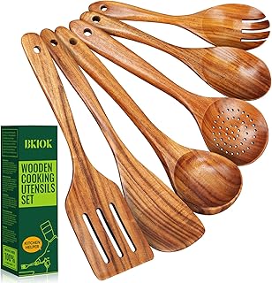6 Pcs Wooden Cooking Spoons Set – Natural Teak Wood, Safe for Nonstick Cookware & Healthy Kitchen Utensils