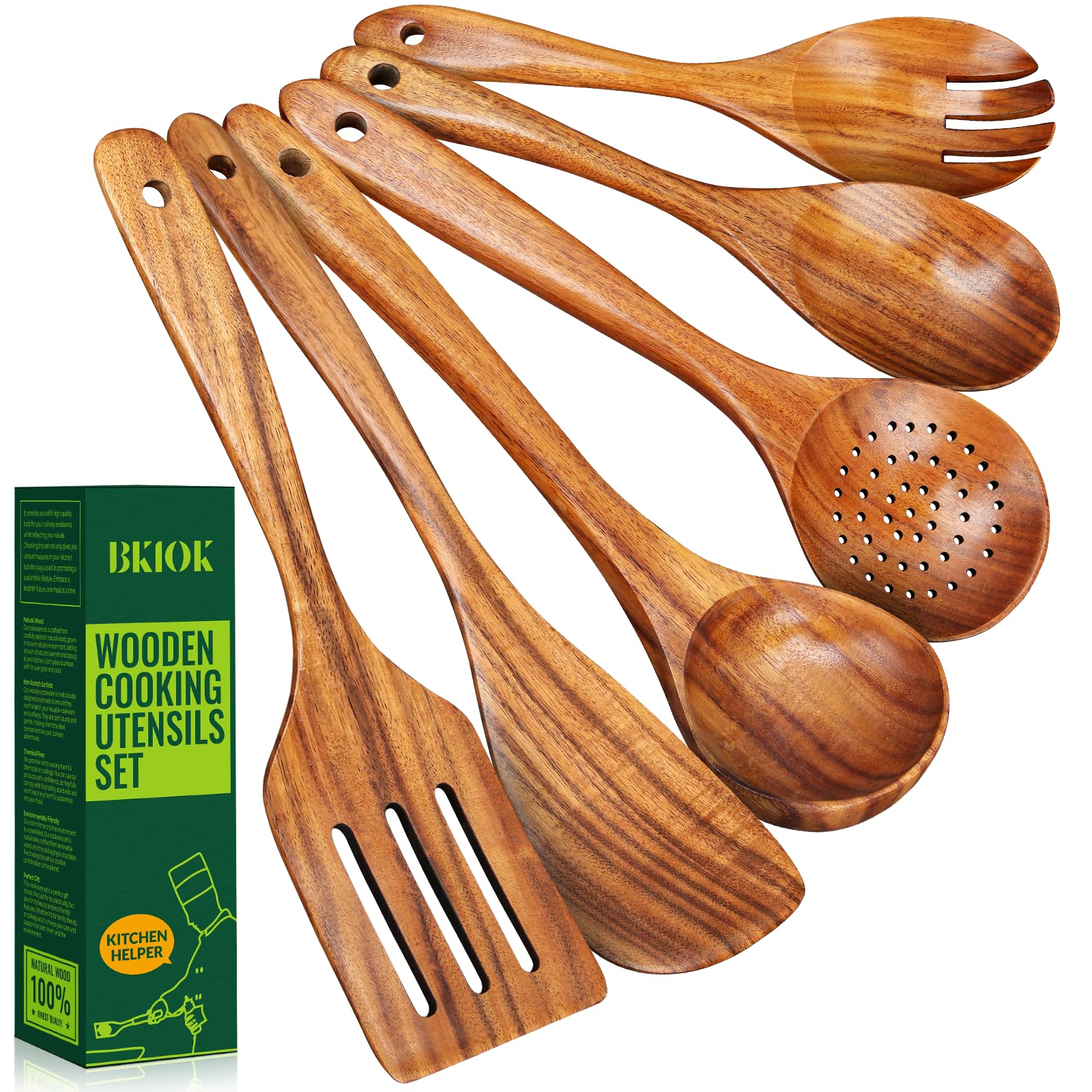 Bkiok Holzlöffel zum Kochen, handgefertigtes Holzutensilien-Set, natürliches Teakholz, Antihaft-Kochlöffel für die Küche (6 Stück)