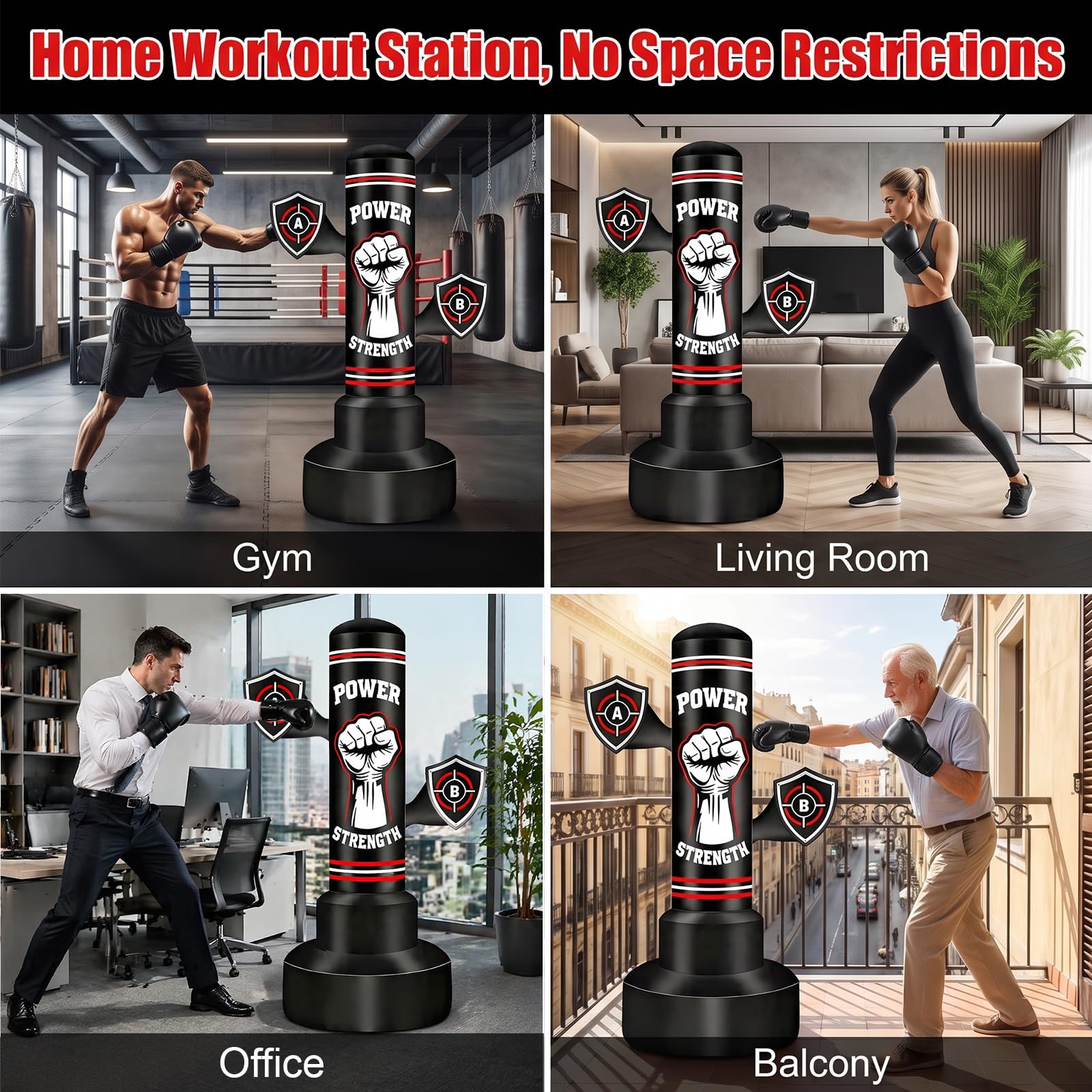 Sac de Frappe sur Pied Adulte 180cm, Qoosea Punching Ball Gonflable avec Gants de Boxe et Pompe à Air, Sac de Boxe Autoportant pour Entraînement de Kickboxing, MMA Karaté
