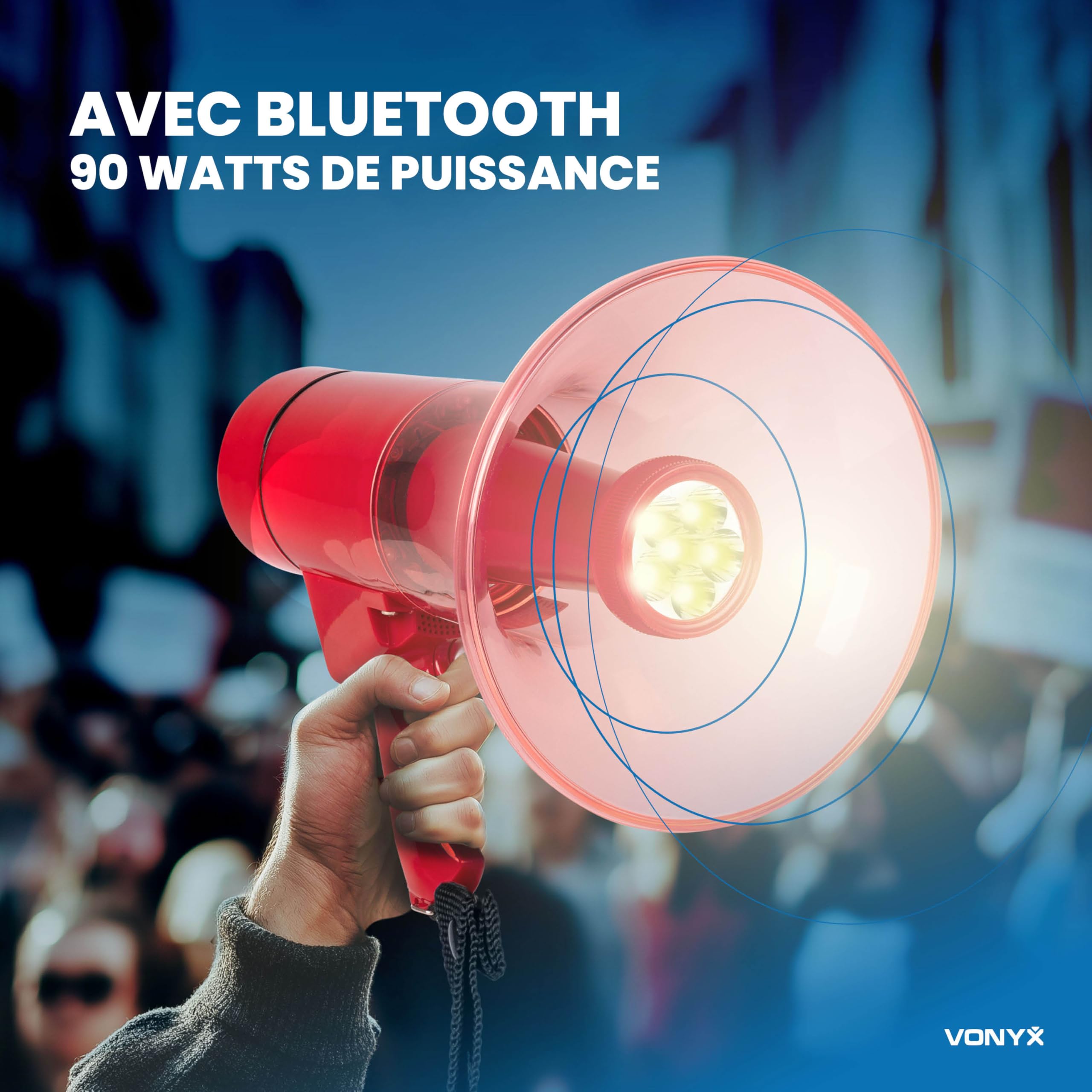 VONYX MEG050L Mégaphone avec Lampe Torche 50W, Idéal pour Manifestations et Matchs Sportifs - Jusqu’à 1 km, Bluetooth & Lecteur MP3, Poignée avec Dragonne, Imperméable