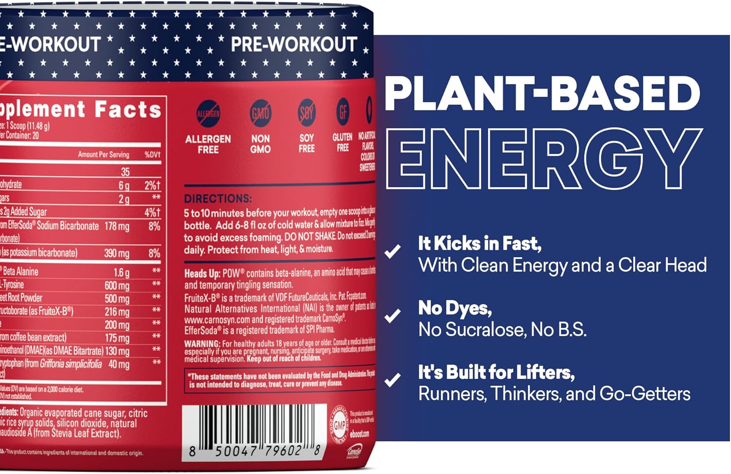 EBOOST POW Natural Pre Workout Powder - 20 Servings - Patriot Pop - Pre Workout Supplement for Performance, Joint Mobility Support, Energy, Focus - Men & Women - Non-GMO, Gluten-Free, No Creatine - Image 7