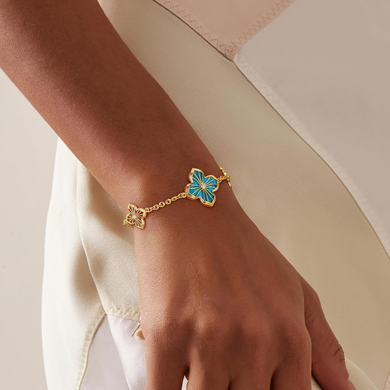 FETERO Gold Bracelets for Women Trendy, Dainty 14K Gold Plated Charm Clover Bracelet 2 Sided Lucky Pendant Cute Pearl Beaded Bracelets Link Chain Waterproof Womens Jewelry Gifts - Image 3