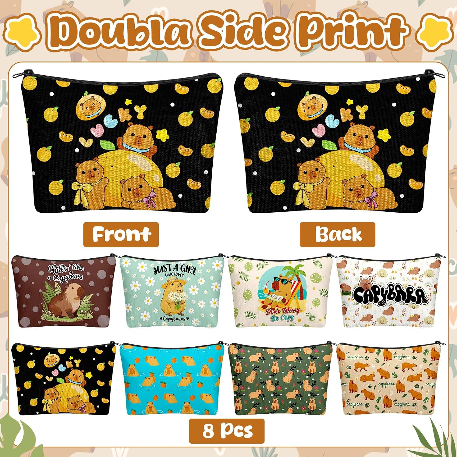 8 Pcs Capybara Cosmetic Bag Gifts for Women Teen Girls Funny Canvas Makeup Bags with Zipper Cute Capybara Animal Lover Gifts Stuff Birthday Mother's Day Graduation Summer Vacation