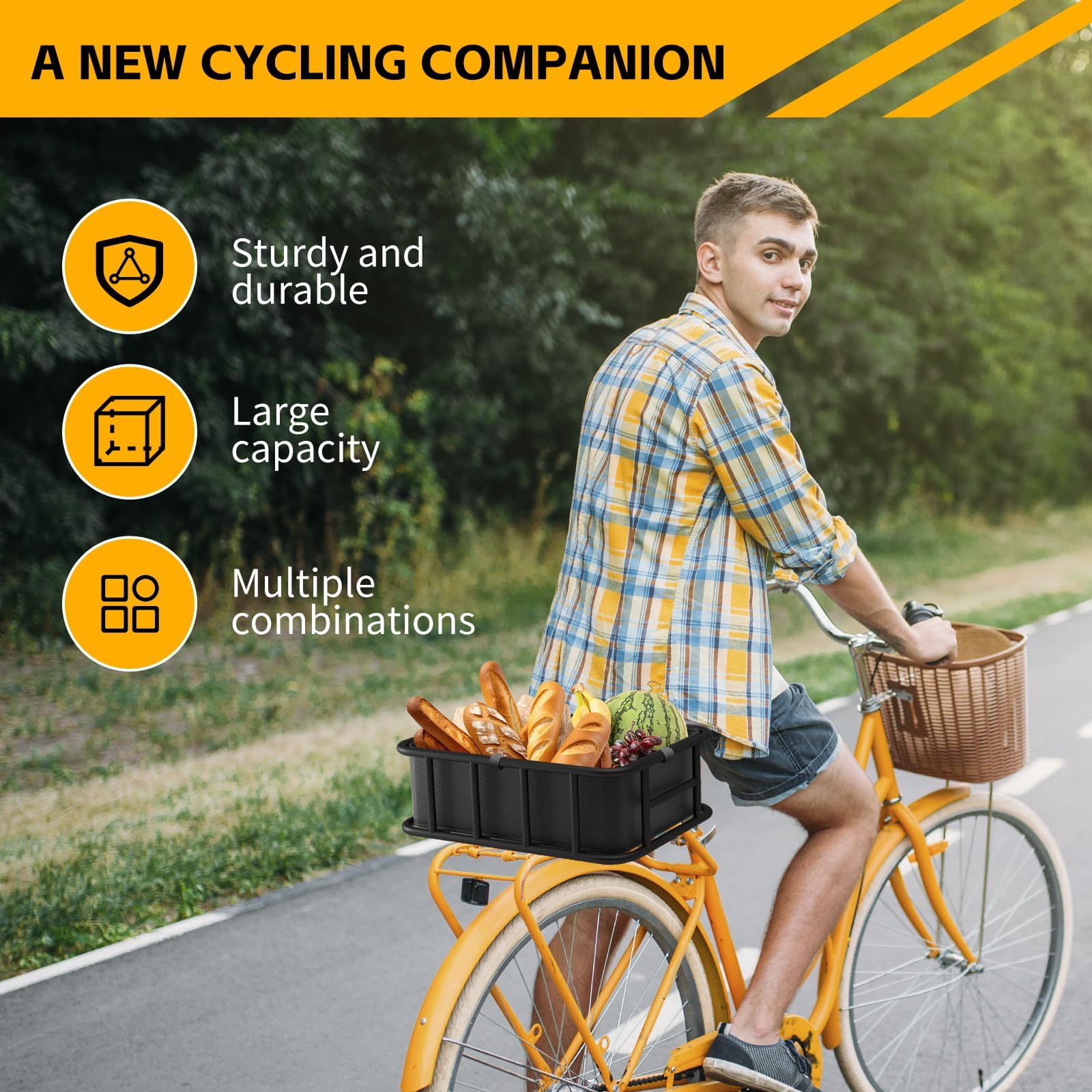 Cesta Trasera Grande para Bicicleta, Cesta Trasera Bicicleta Mochila Escolar de Uso Trasero, con Red de Carga y Forro, Compatible con la Mayoría de Bicicletas