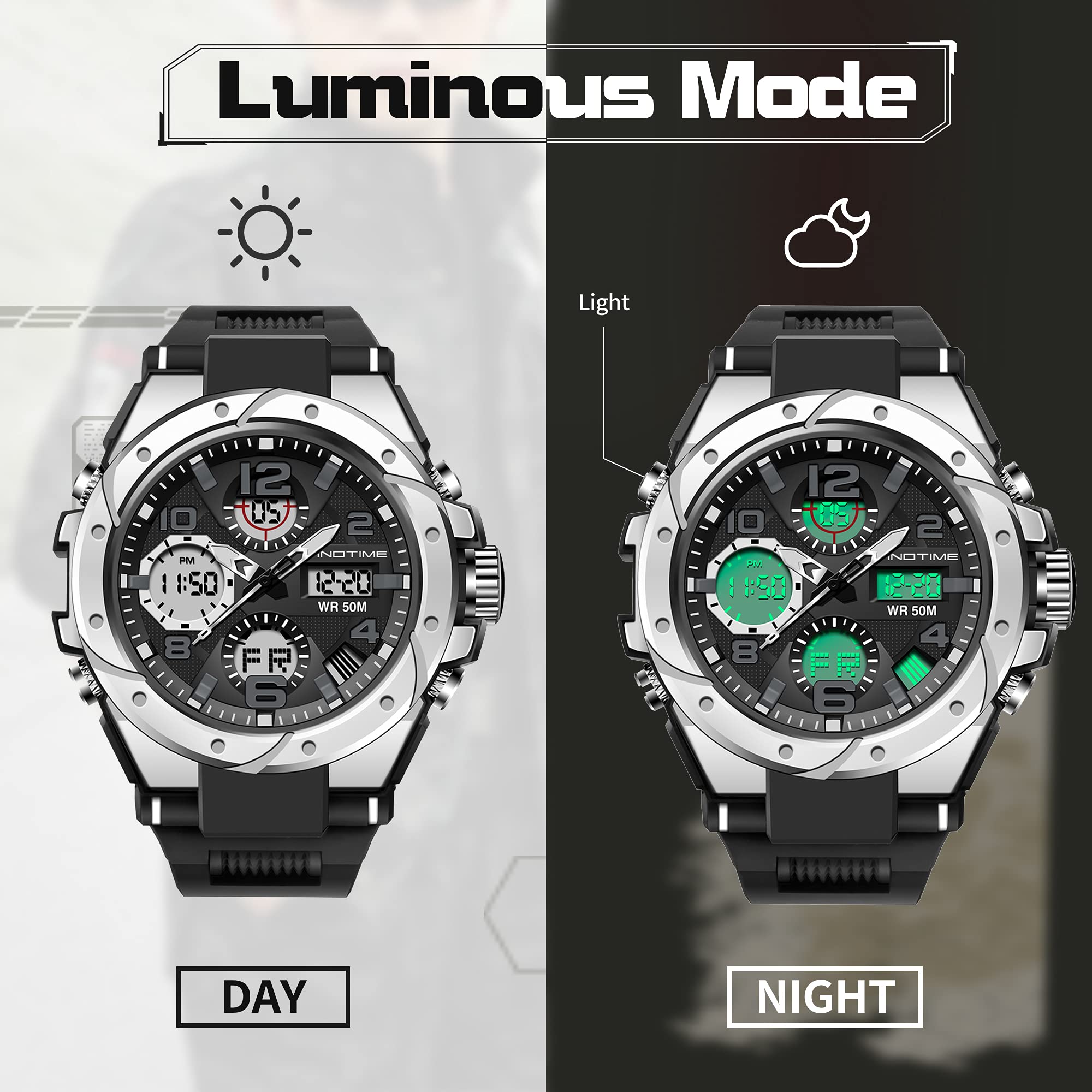 findtime Reloj Deportivo táctico Militar para Hombre con Esfera Grande, cronómetro, Alarma, visualización analógica de Doble Hora, retroiluminación, Impermeable para Exteriores