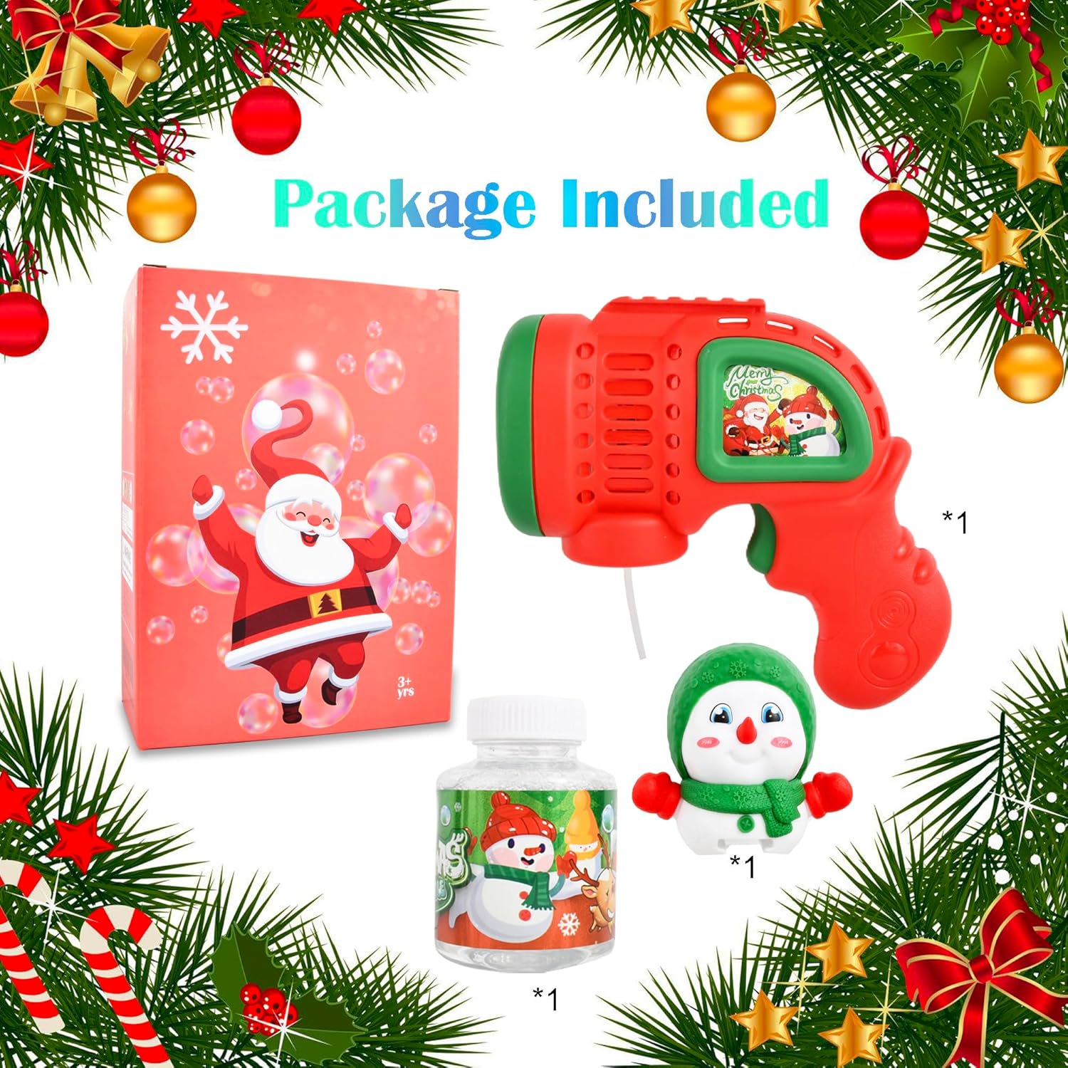 Christmas Bubble Machine Toys for Kids,Automatic Electric Battery Powered Bubble Gun with Bubble Solution,LED Light,Leakproof Bubble Blower Toy for Christmas Birthday Party Favors Gifts,Green Snowman