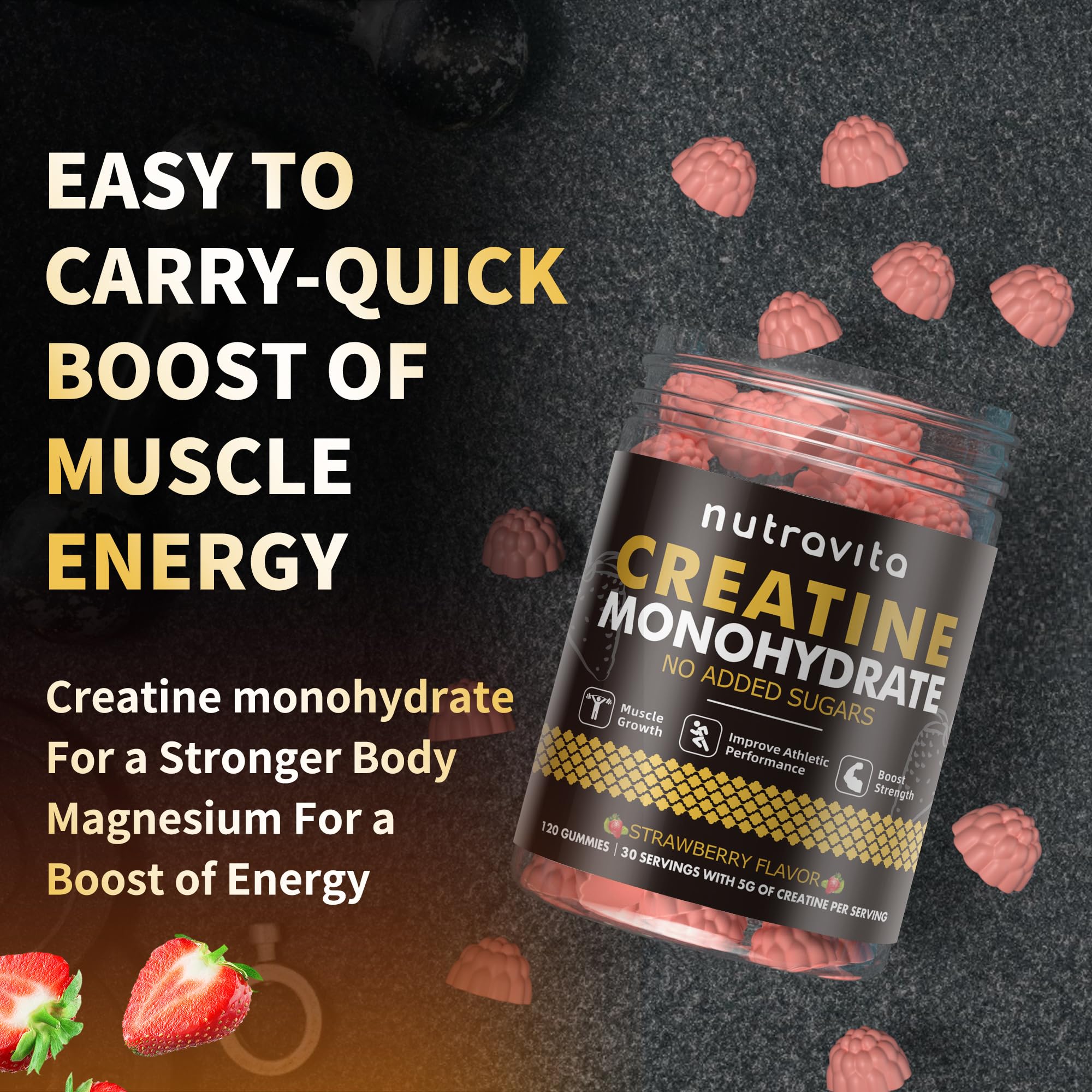 Creatine Monohydrate Gummies for Men & Women-5g of Creatine Monohydrate per Serving - Sugar Free,Vegan, Strawberry Flavor, 120 Count