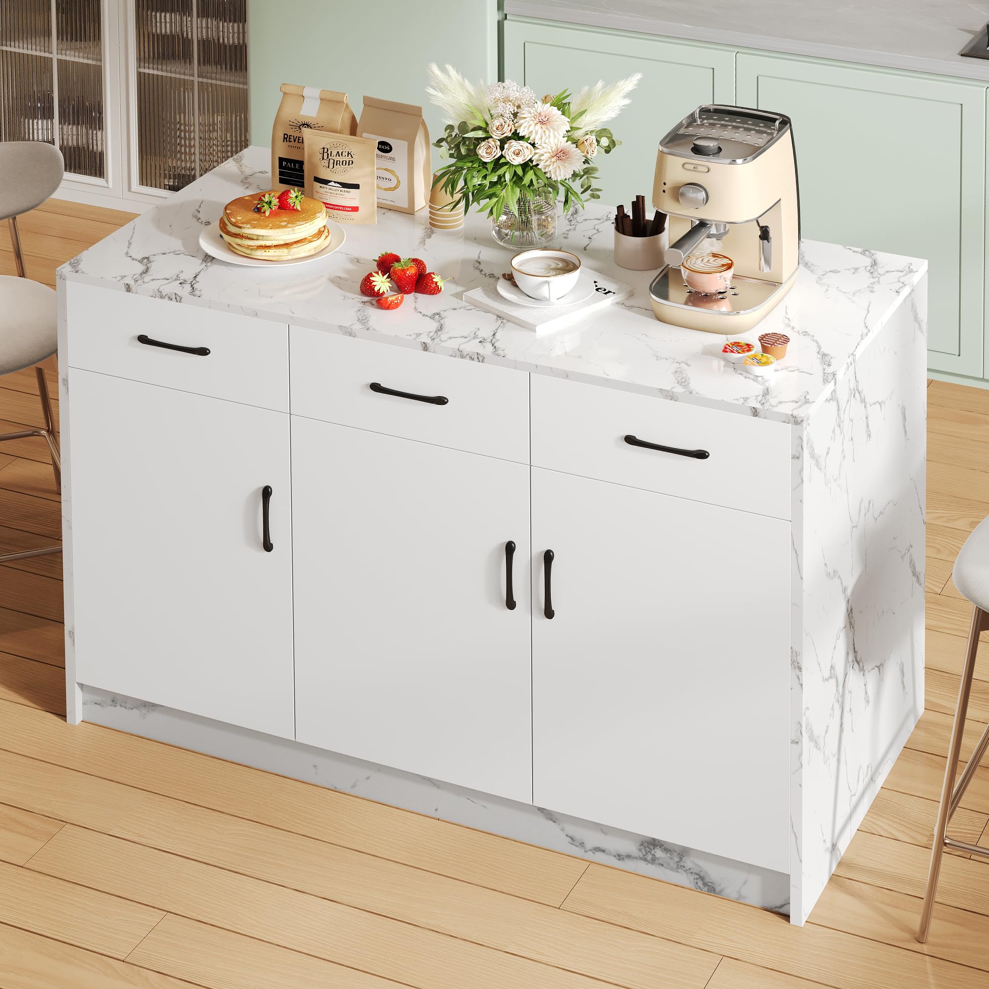 küchenschrank mit Arbeitsplatte, Kücheninsel 120 x 60 x 90,5 cm, 3 Schubladen und 3 Türen, weißes Marmordesign, verstellbare Einlegeböden, geräuschlose Schubladen