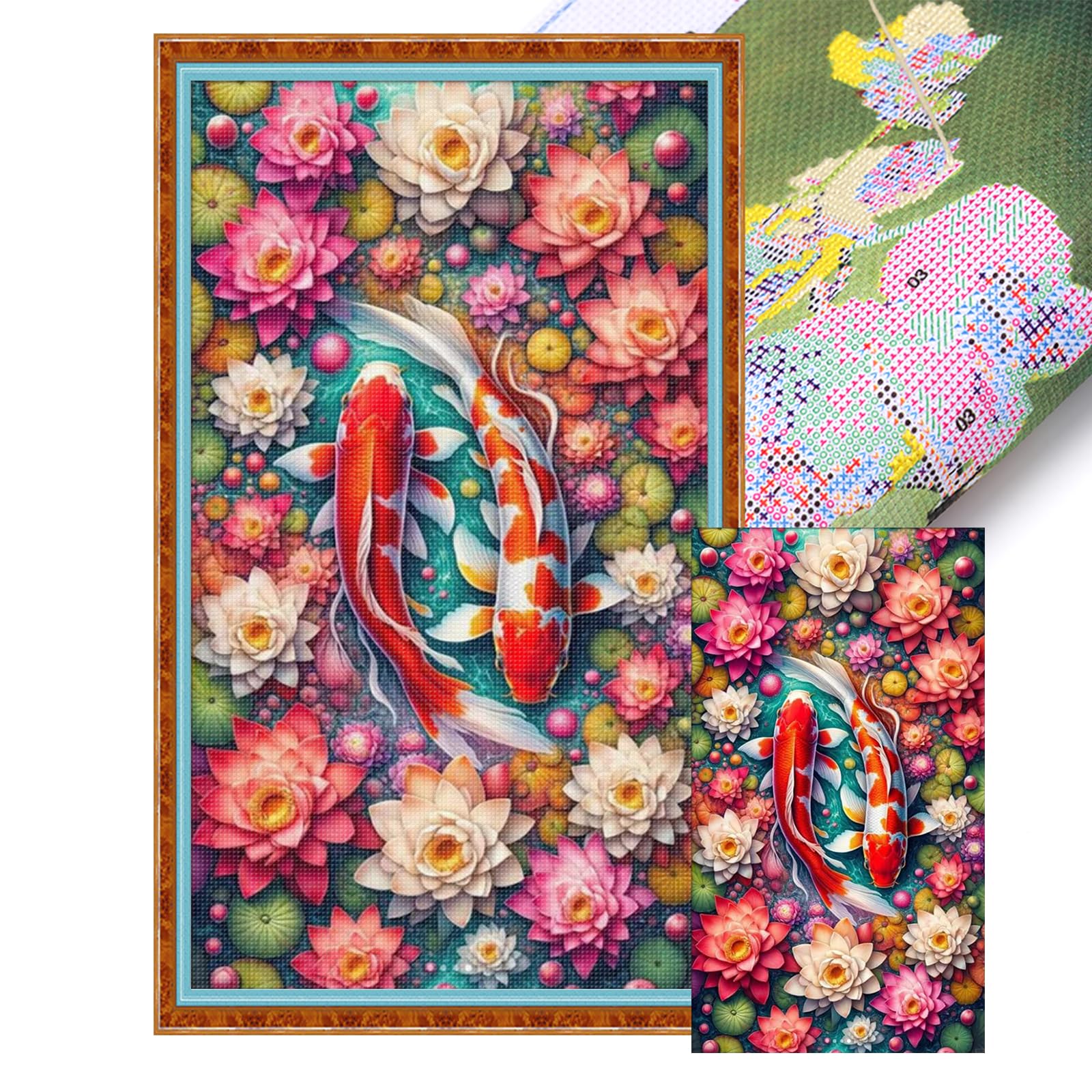 Poetrydraw Koi Fish Lotus Pond Koi Full 14Ct 2 Strands Diy Stamped Cross Stitch Kits Large Size 15.75X29.53inch Embroidery Needlepoint Starter Kits For Beginners Adults Home Decor (Koi Fish)