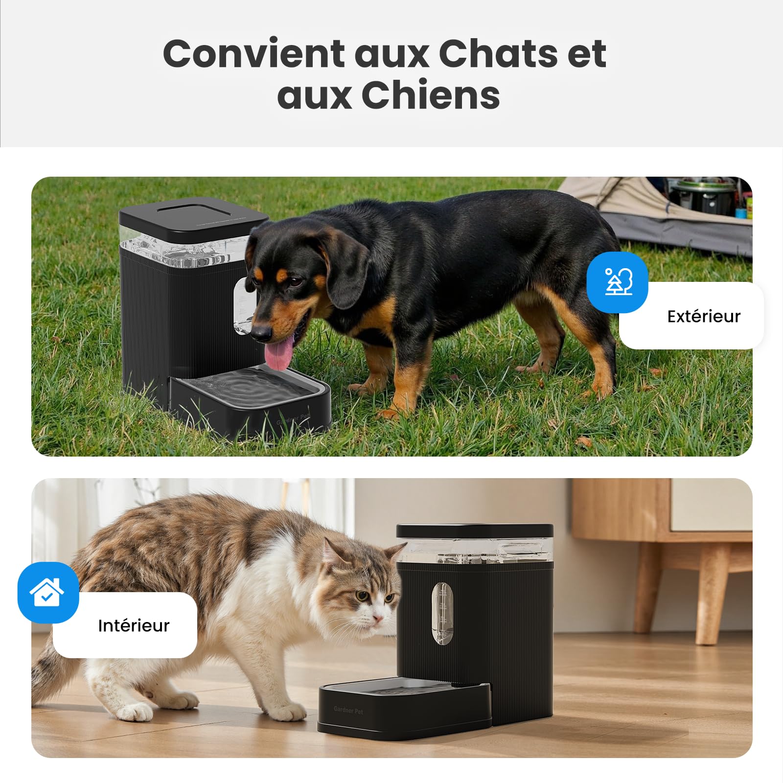 Gardner Pet 6.5L Distributeur Eau Chat Automatique, Gamelle Chat Automatique par Gravité, Distributeur Eau Chien avec Gamelle en Acier Inoxydable, Pas d'électricité, sans BPA - Noir