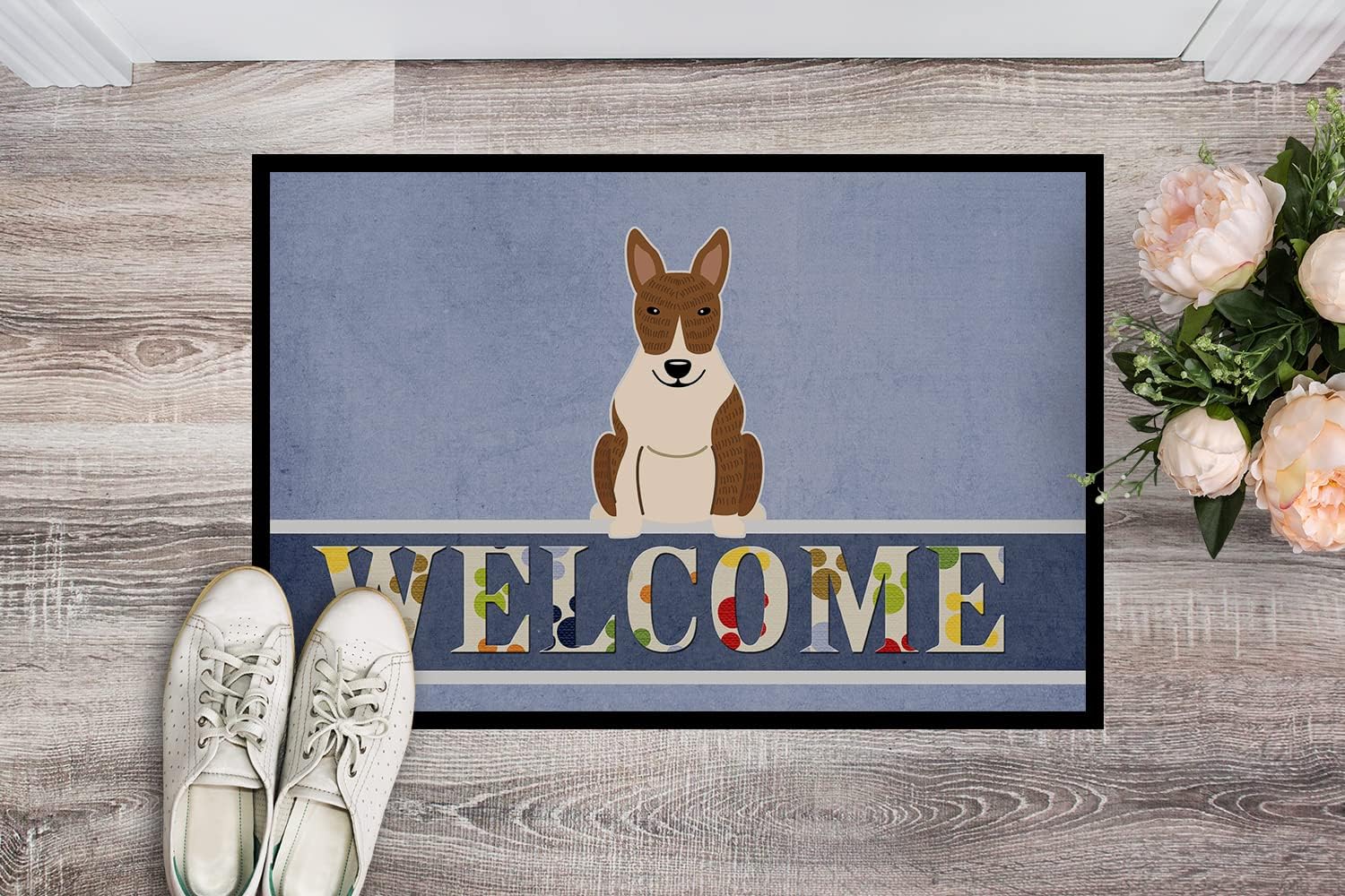 Caroline's Treasures BB5718MAT Bull Terrier Brindle Welcome Doormat 18x27 Front Door Mat Indoor Outdoor Rugs for Entryway, Non Slip Washable Low Pile, 18H X 27W