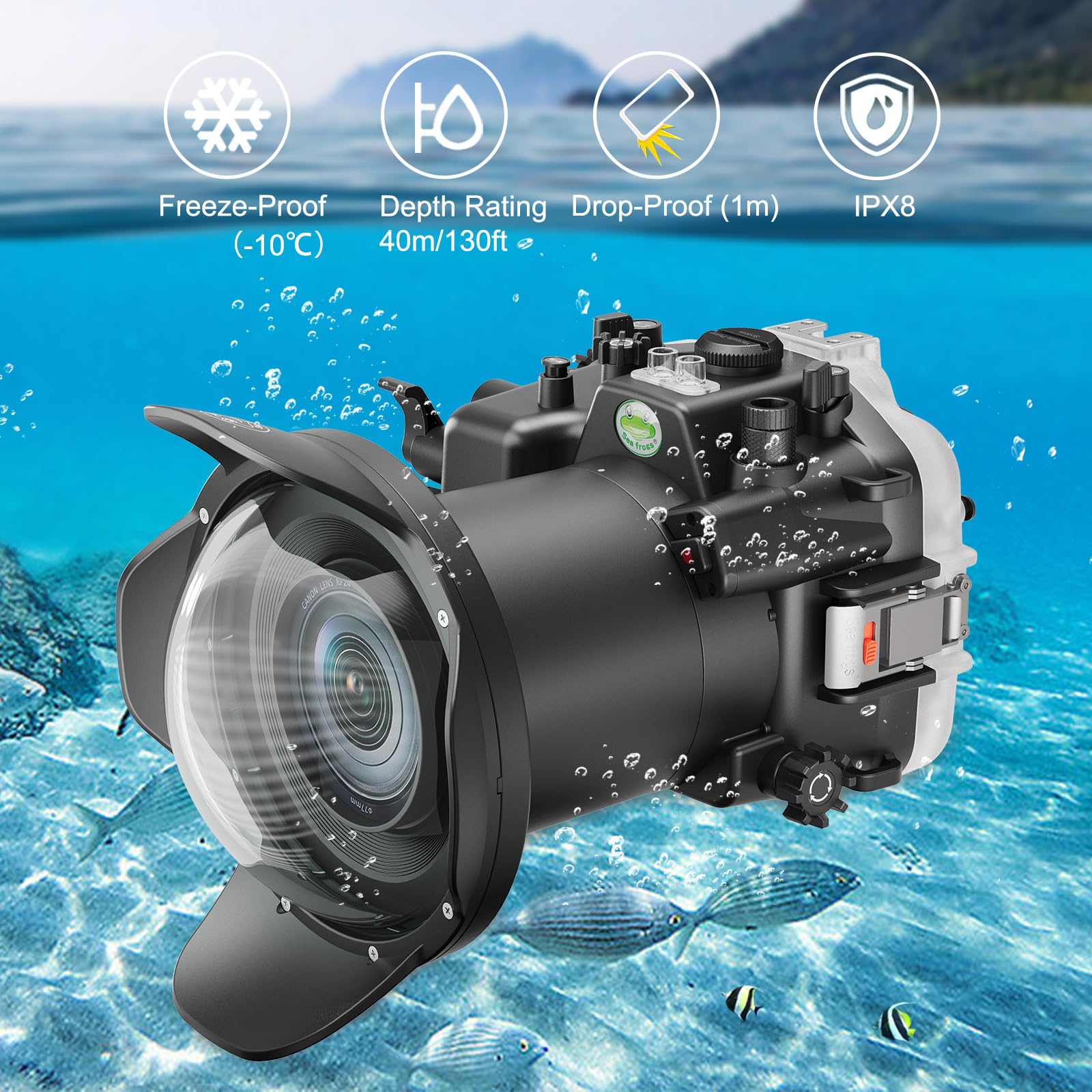 Sea frogs Funda para cámara subacuática compatible con Canon EOS R6 2 EF 16-35 mm 2.8 III IPX8 40 m/130 pies profundidad máxima cámara impermeable carcasa para buceo, surf, remo