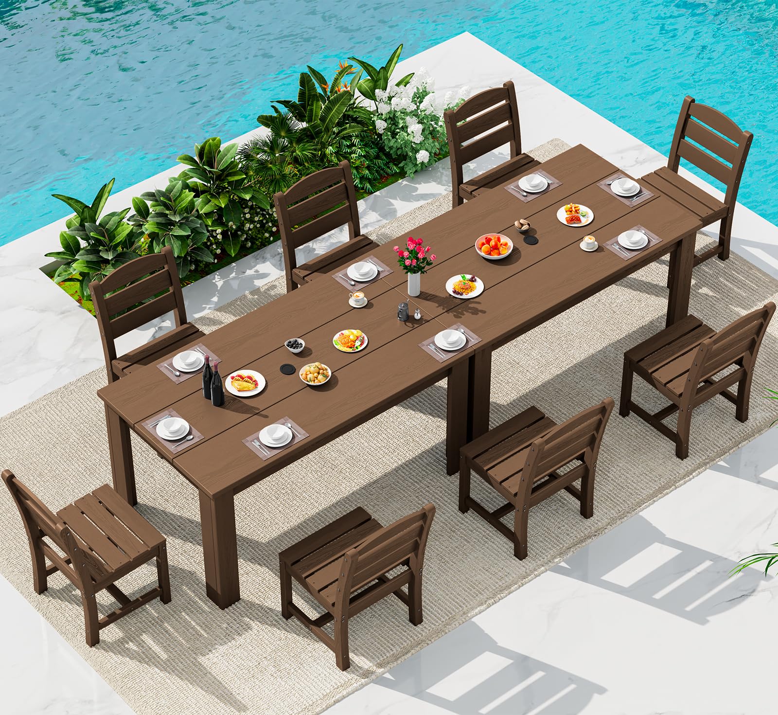 SERWALL 59" Patio Dining Set for 8, HDPE Dining Set, Brown