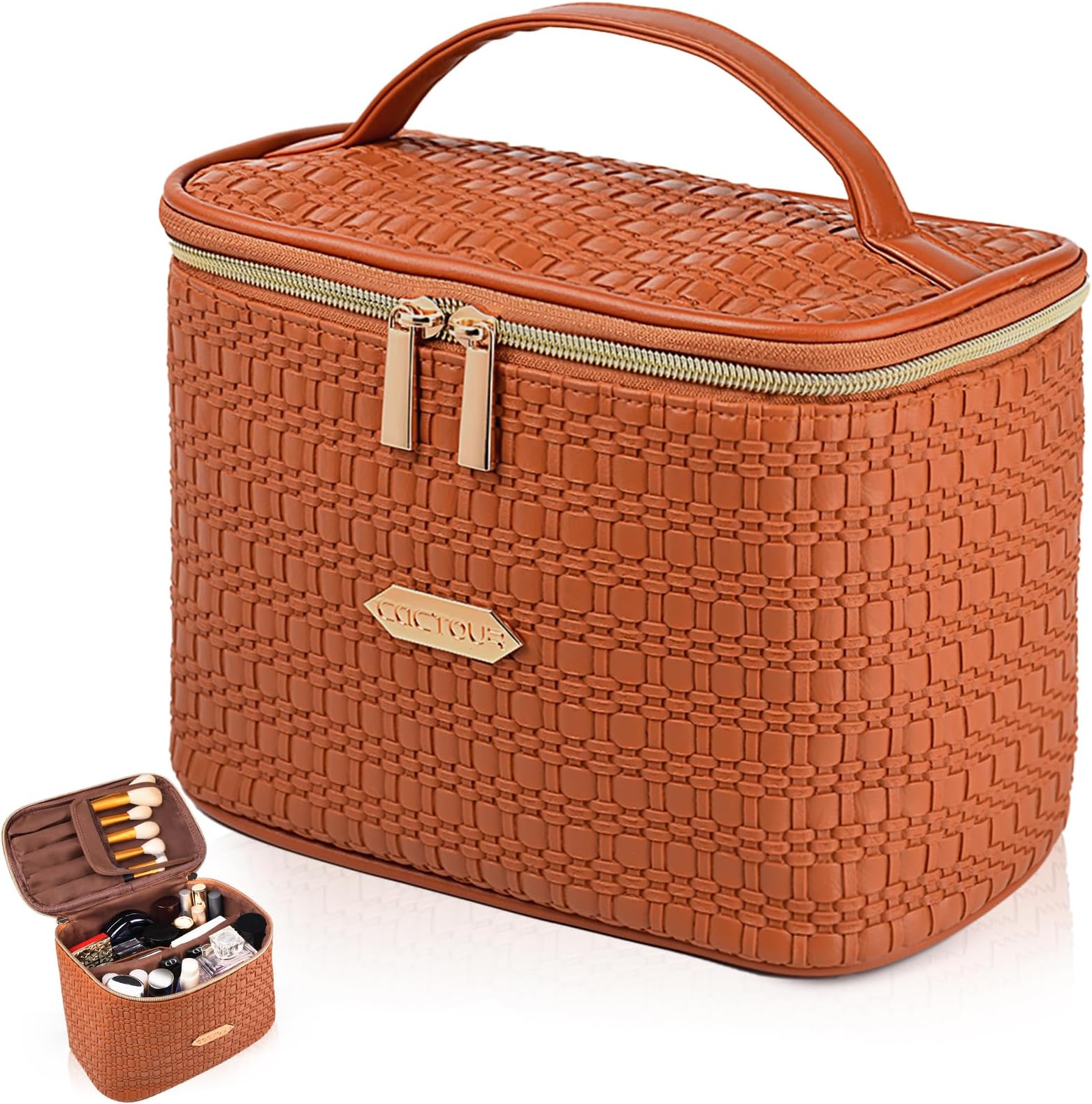 Make Up Bags for Women,Portable Cosmetic Organizer Bag,Large Makeup Organizer Bag Travel with Brush Storage (Brown)