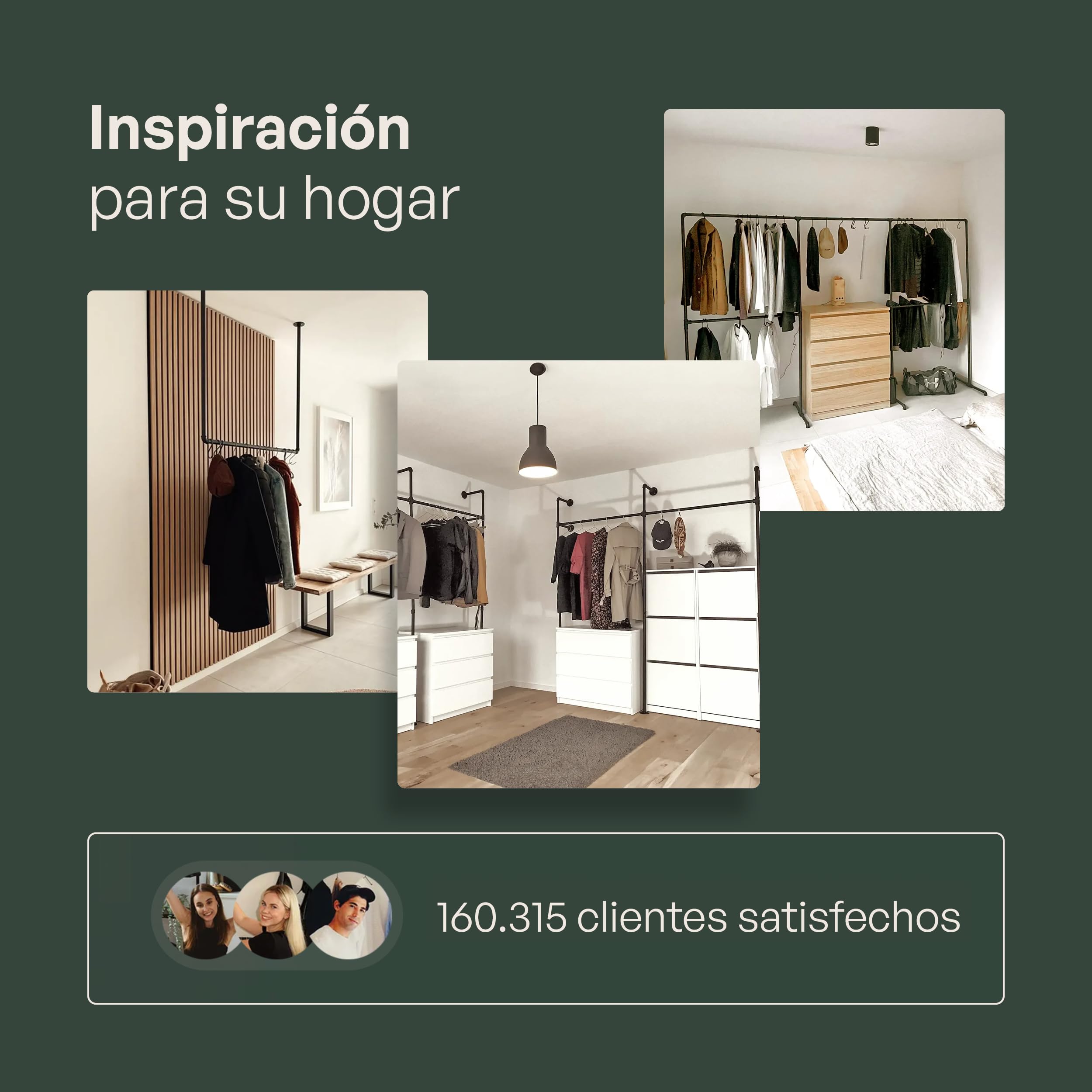 pamo Perchero de Pared Industrial Negro 105x222 cm – Barra para Colgar Ropa | Armario Abierto Metálico – Vestidor Abierto Modular – Soporta 200 kg