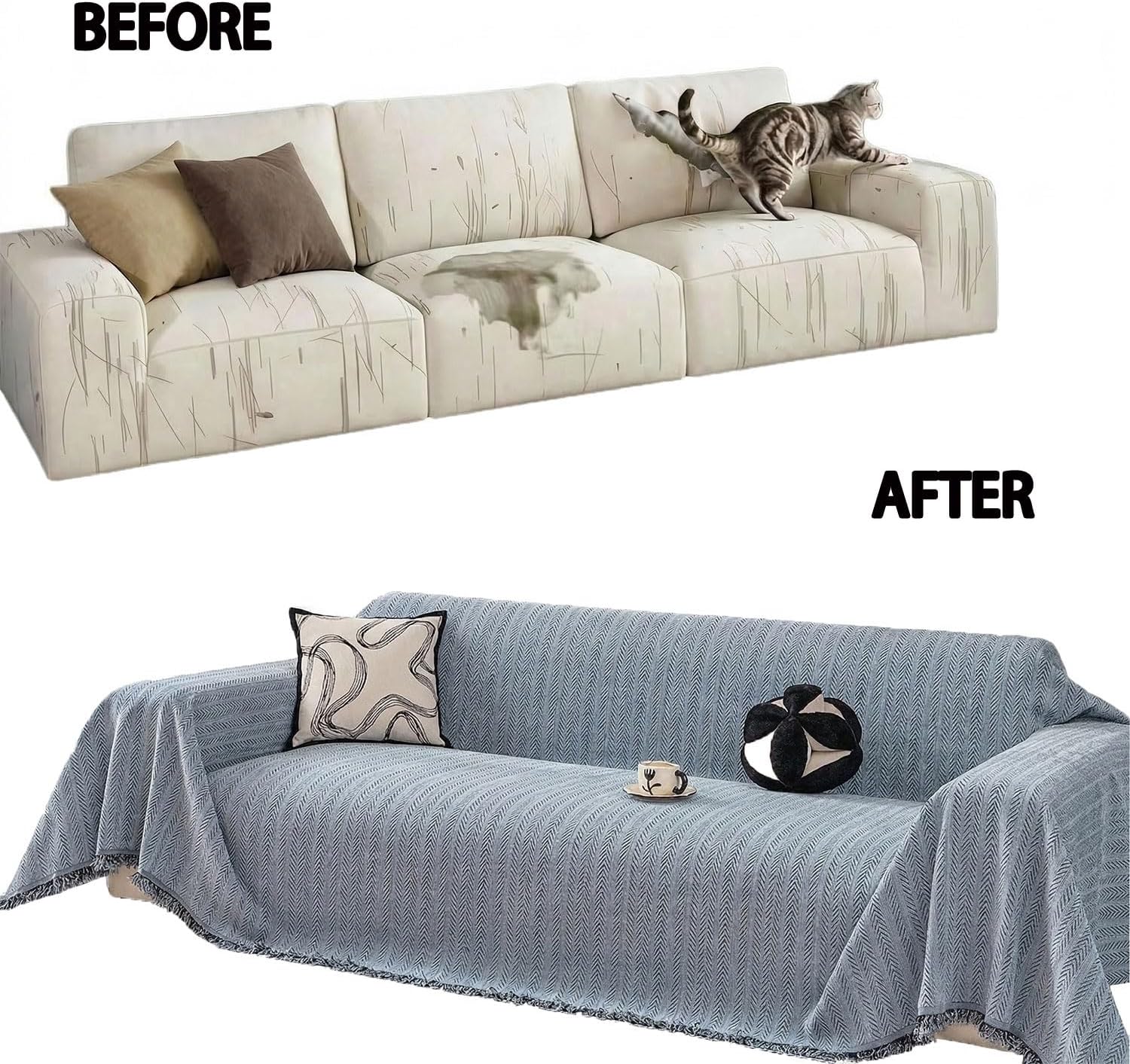 Nobildonna Chenille Couch Cover for Sofa Cover Washable Pet Scratch Couch Covers Tassel Sofa Slipcover for 2 Cushion Couch,Furniture Protector Blanket for Living Room,Dusty Blue 71"x118"