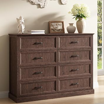 Farmhouse 8 Drawer Dresser for Bedroom, 55 Inch Wide Modern Brown Dresser TV Stand with Large Drawers & Bar Handles, Rustic Wood Chest of Drawers for Bedroom, Living Room, Hallway, Entryway.