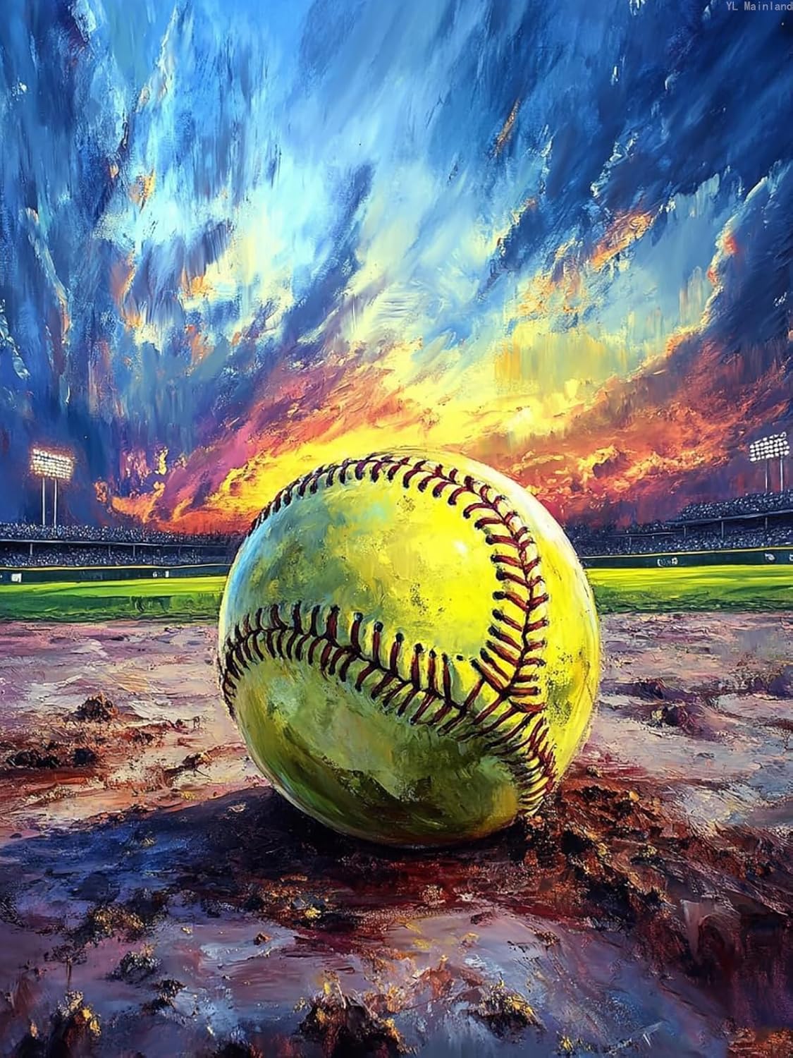 YL Mainland 5D Softball Diamond Art Full Drill Diamond Painting Kits for Adults Beginners DIY Art Crafts for Relaxation and Home Wall Decor 12x16 Inch
