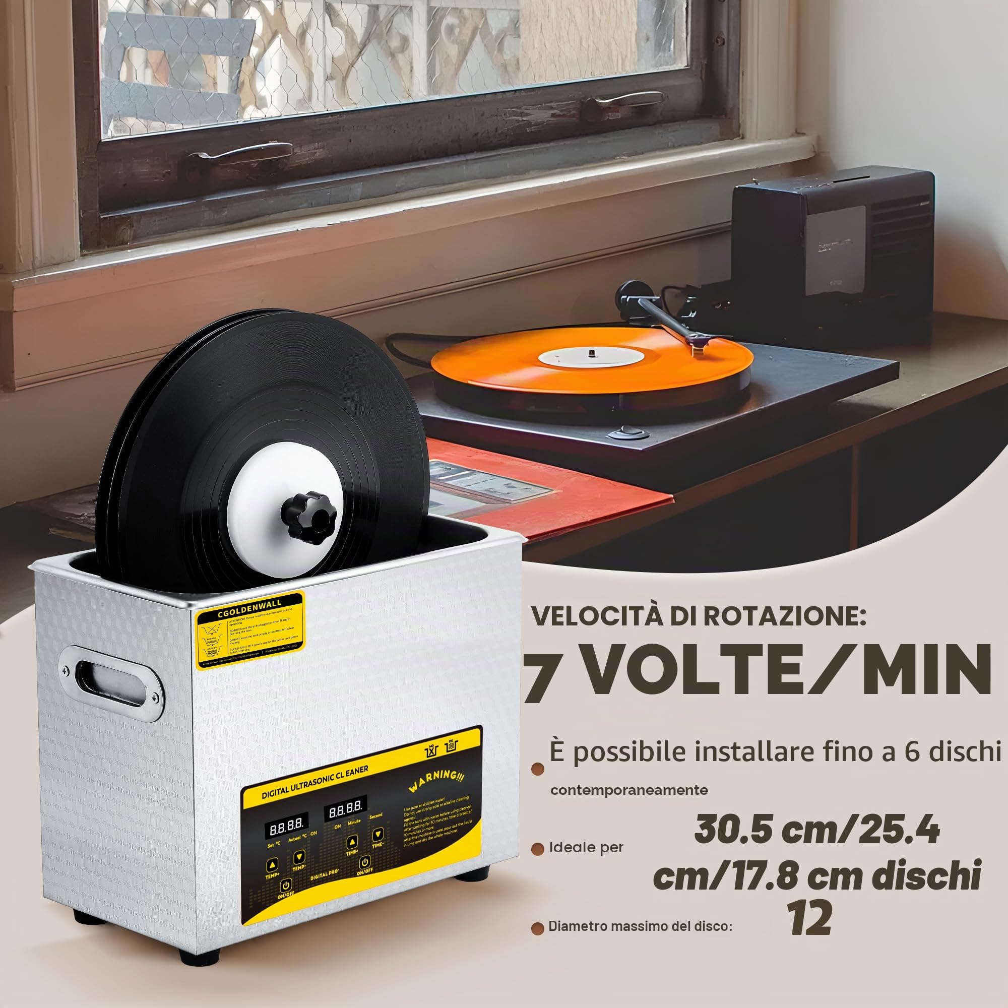 Pulitore di Dischi ad Ultrasuoni 180W 6L 0-30 Minuti Timer Digitale e Rotazione Automatica per Dischi da 7/10/12" Nessun Danno alla Superficie del Disco (Supporto di Asciugatura e Cestello inclusi)
