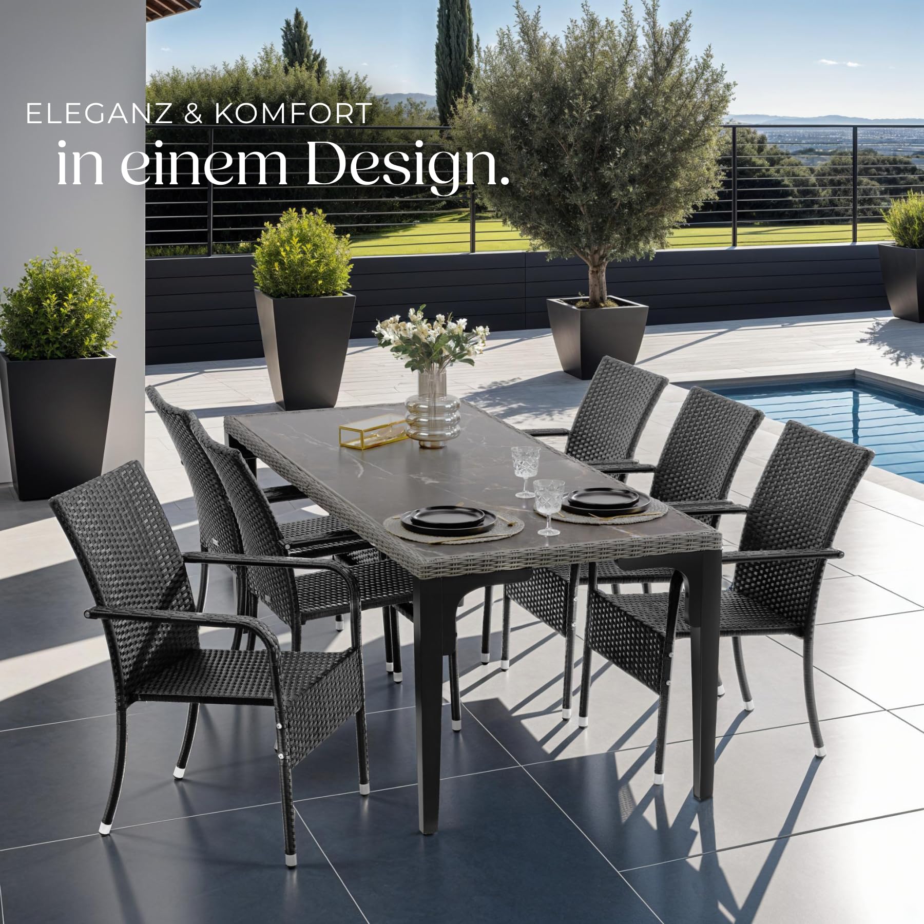 tectake® Rattan Stühle Esszimmer Outdoor, Stapelstühle, Gartenmöbel Set, Gartenstühle stapelbar, Outdoor Küche, Terrasse, Wintergarten Möbel, Korbsessel Armlehne, Balkon Set, Terrassenmöbel - 2er Set