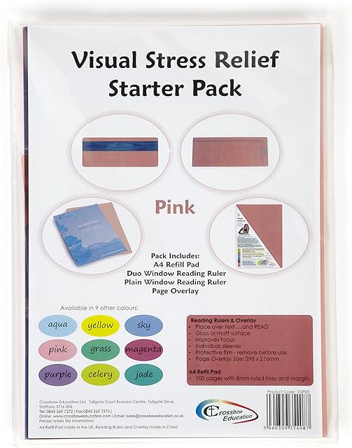 Crossbow Education Dyslexia Overlays and Visual Stress Starter Kit | Dyslexia Overlays and Paper for Dyslexia, ADHD and to reduce Visual Stress - Pink