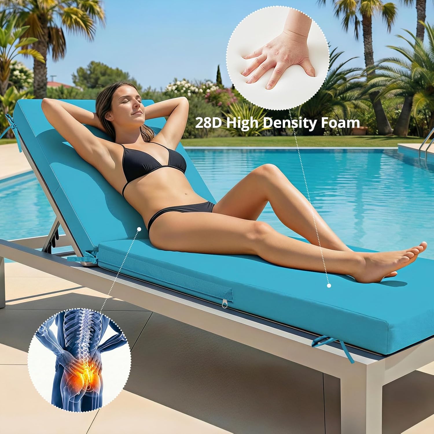 Fabuday Chaise Lounge Chair Cushions for Outdoor Furniture - 72 x 21 x 3 Inch Waterproof Patio Pool Sunbrella Lounger Pads Replacement with Removable Cover, Teal