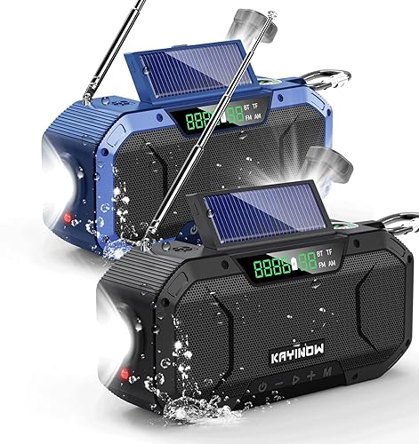 Radio solar de emergencia con manivela, altavoz Bluetooth impermeable, radio meteorológica portátil AMFMNOAA, radio meteorológica portátil de 5000