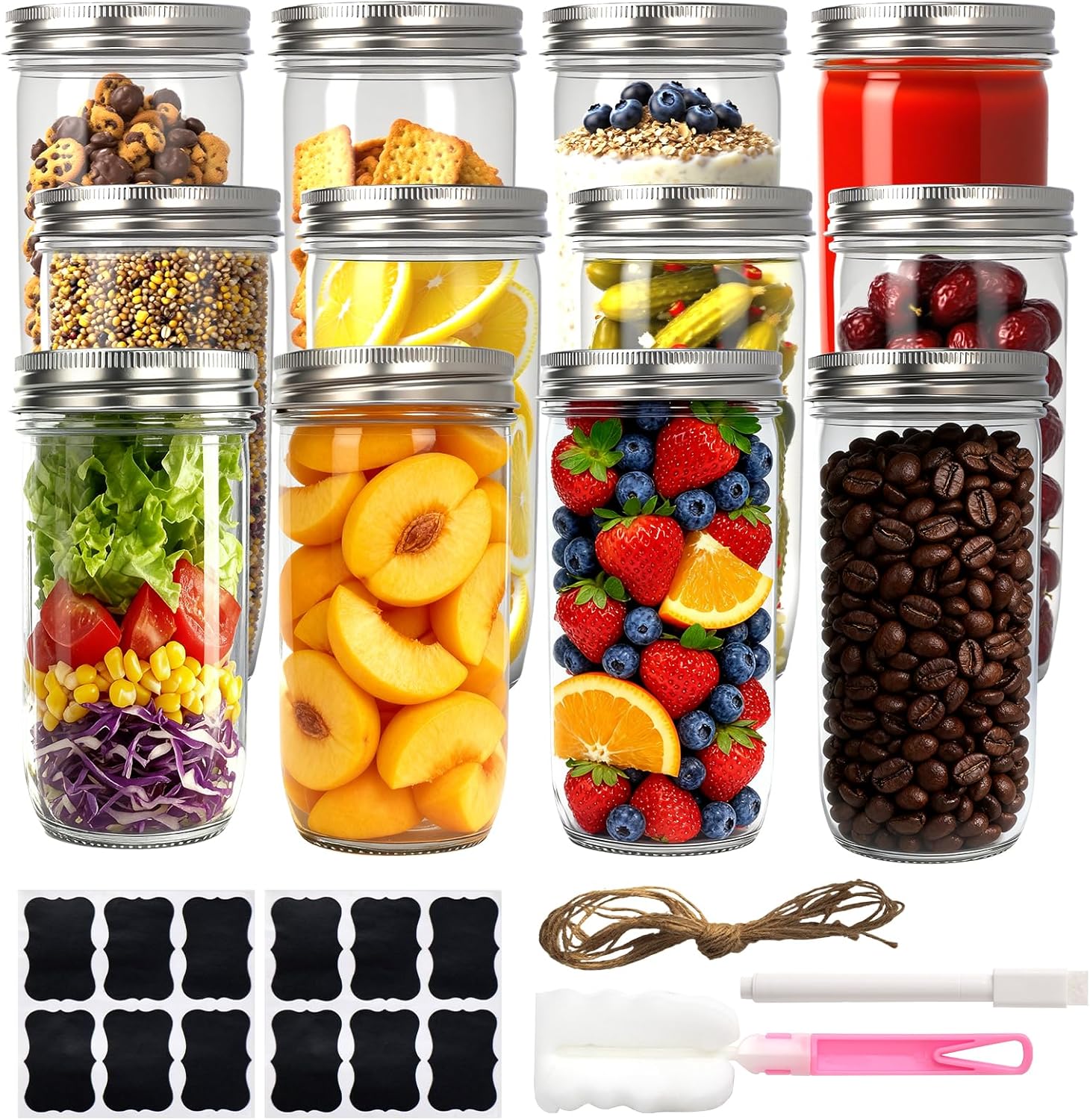 Wide Mouth Mason Jars 24 oz with Lids, Glass Jars with Airtight Lids and Band, Safe for Canning, Food Storage, Pickling, Overnight Oats Container, Pint and A Half Size (Pack of 12)