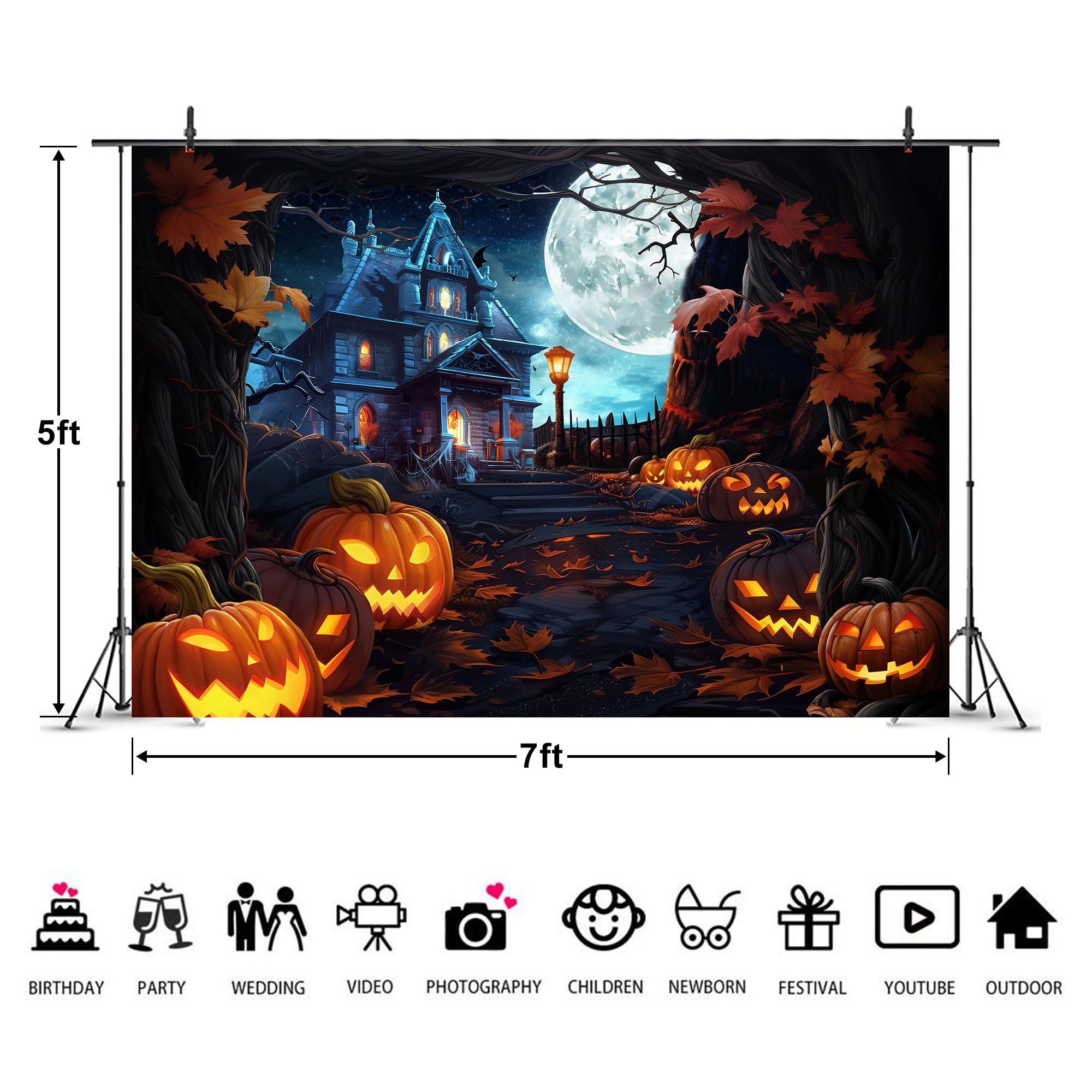 Telón de fondo de Halloween de 7 pulgadas de ancho x 5 pulgadas de alto, castillo espeluznante, luna, noche, calabaza, farol, otoño, hojas de arce, tela de poliéster, terror aterrador, fondos