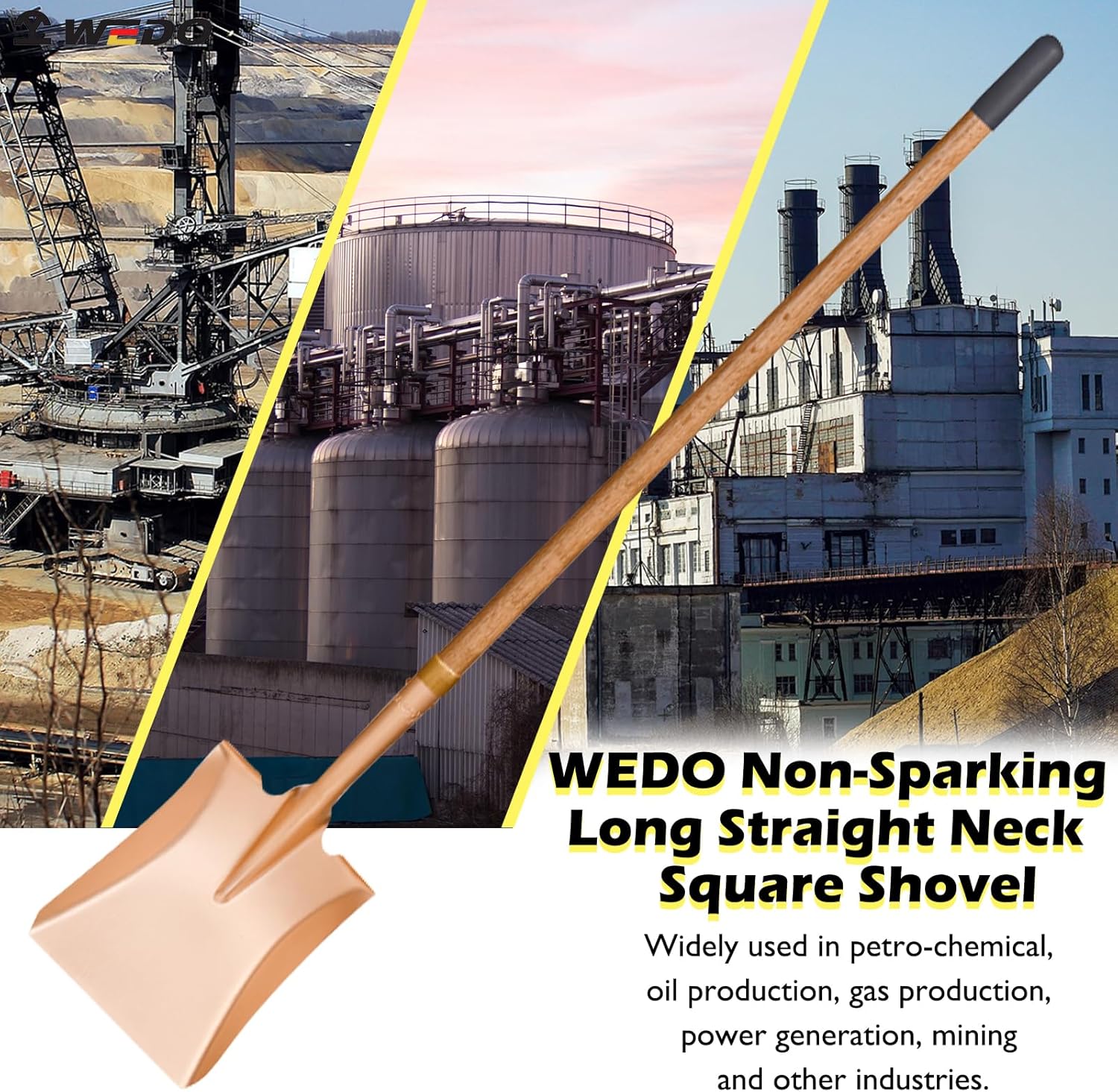 WEDO Non-Sparking Square Shovel with Straight Blade,Long Straight Neck Transfer Shovel,55.5" Long Wooden Handle with Anti-Skid Sleeve,Beryllium Copper,Non-Magnetic,DIN Standard,BAM&FM Certificate